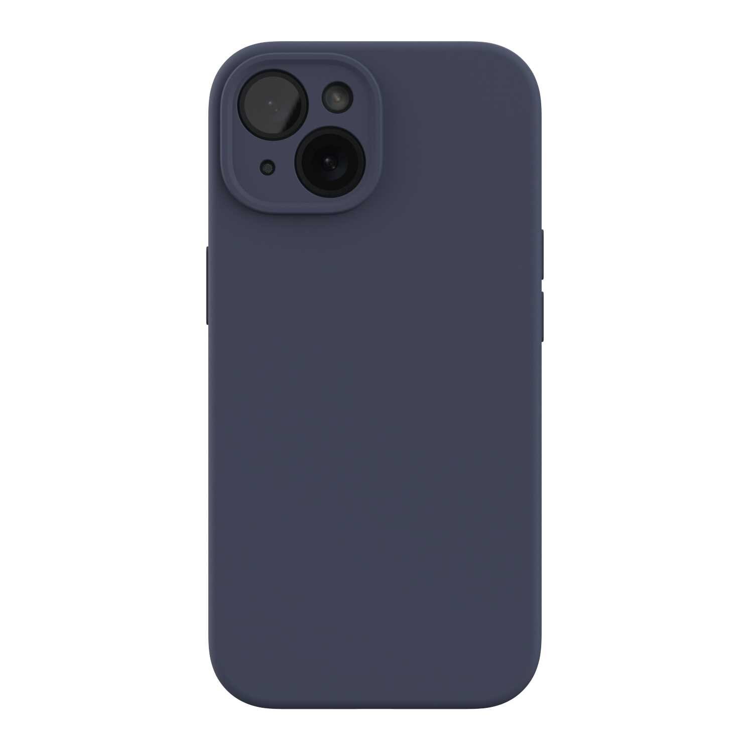 Niebieskie silikonowe etui na telefon z wycięciem na aparat z dwoma obiektywami i lampą błyskową.