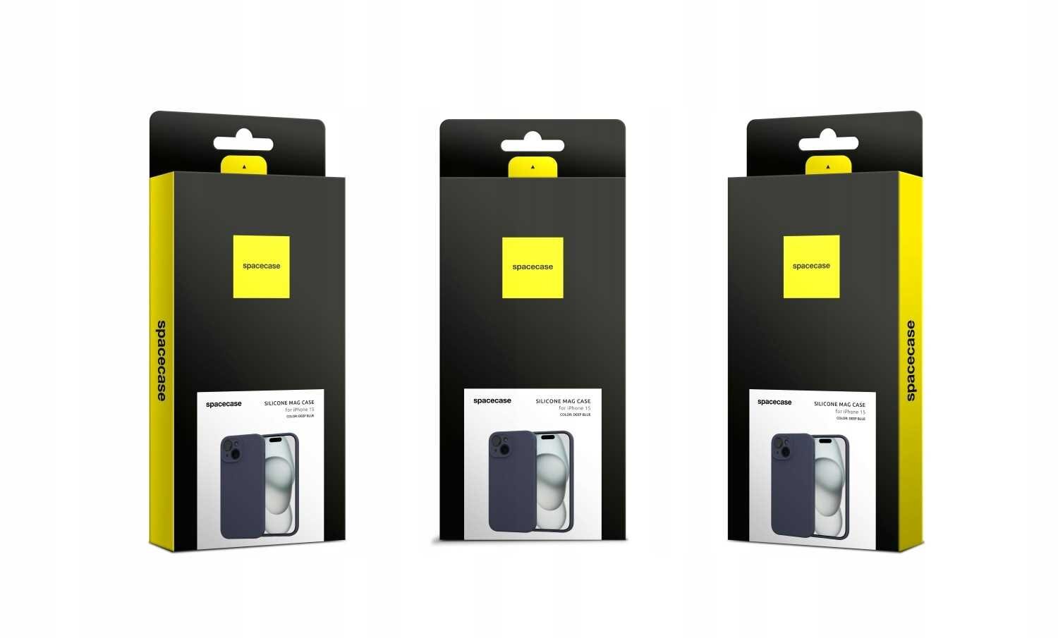 Trzy opakowania produktu SPACECASE Silicone Mag Case do iPhone 15 w kolorze niebieskim, z widocznym logo \'spacecase\' na żółtym tle. Na każdym opakowaniu znajduje się zdjęcie etui oraz napis \'SILICONE MAG CASE\'.