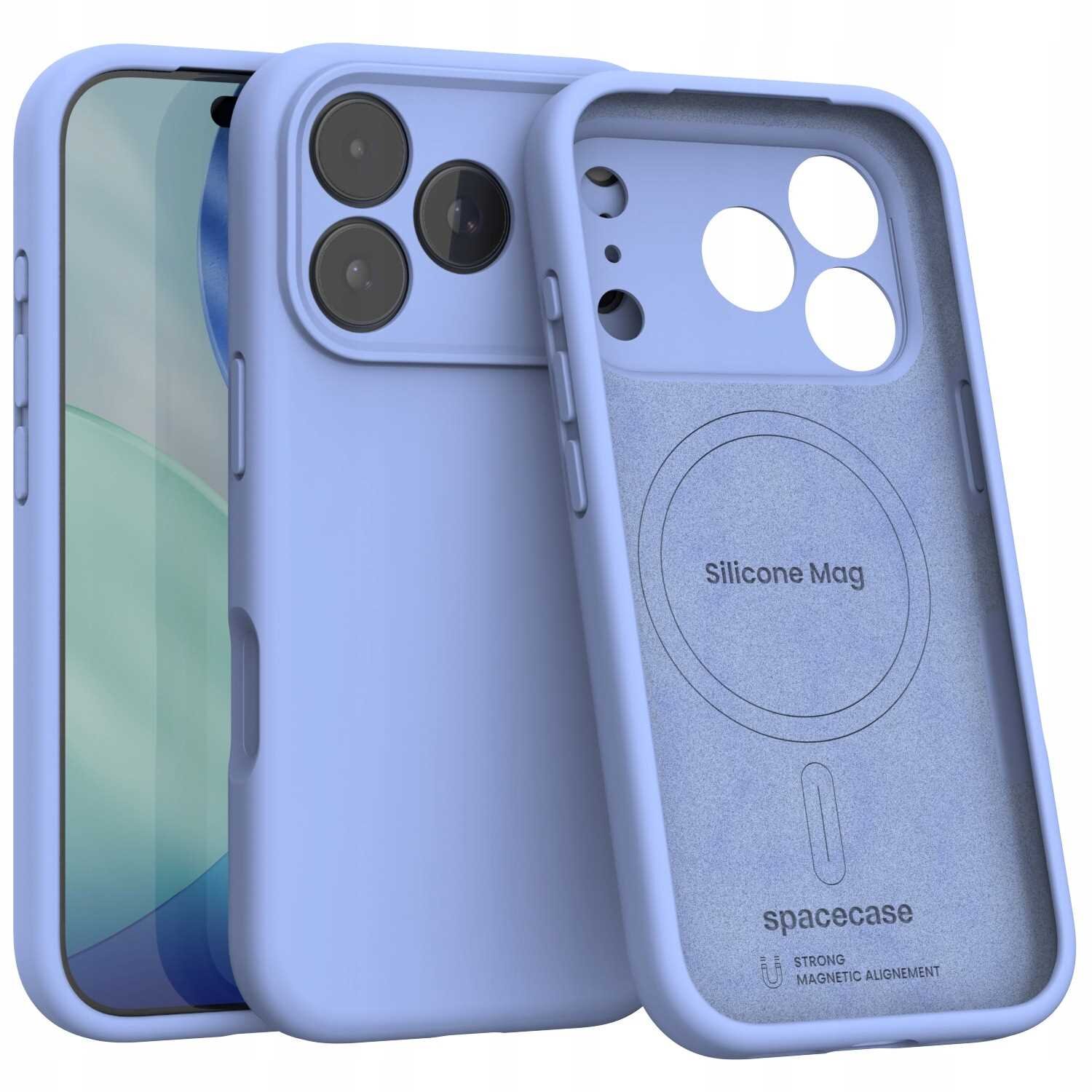 Niebieskie silikonowe etui magnetyczne z napisem \'Silicone Mag\' i \'spacecase\' oraz oznaczeniem \'STRONG MAGNETIC ALIGNMENT\'. Etui jest przeznaczone do iPhone 17 Pro i posiada wycięcia na aparat oraz przyciski.
