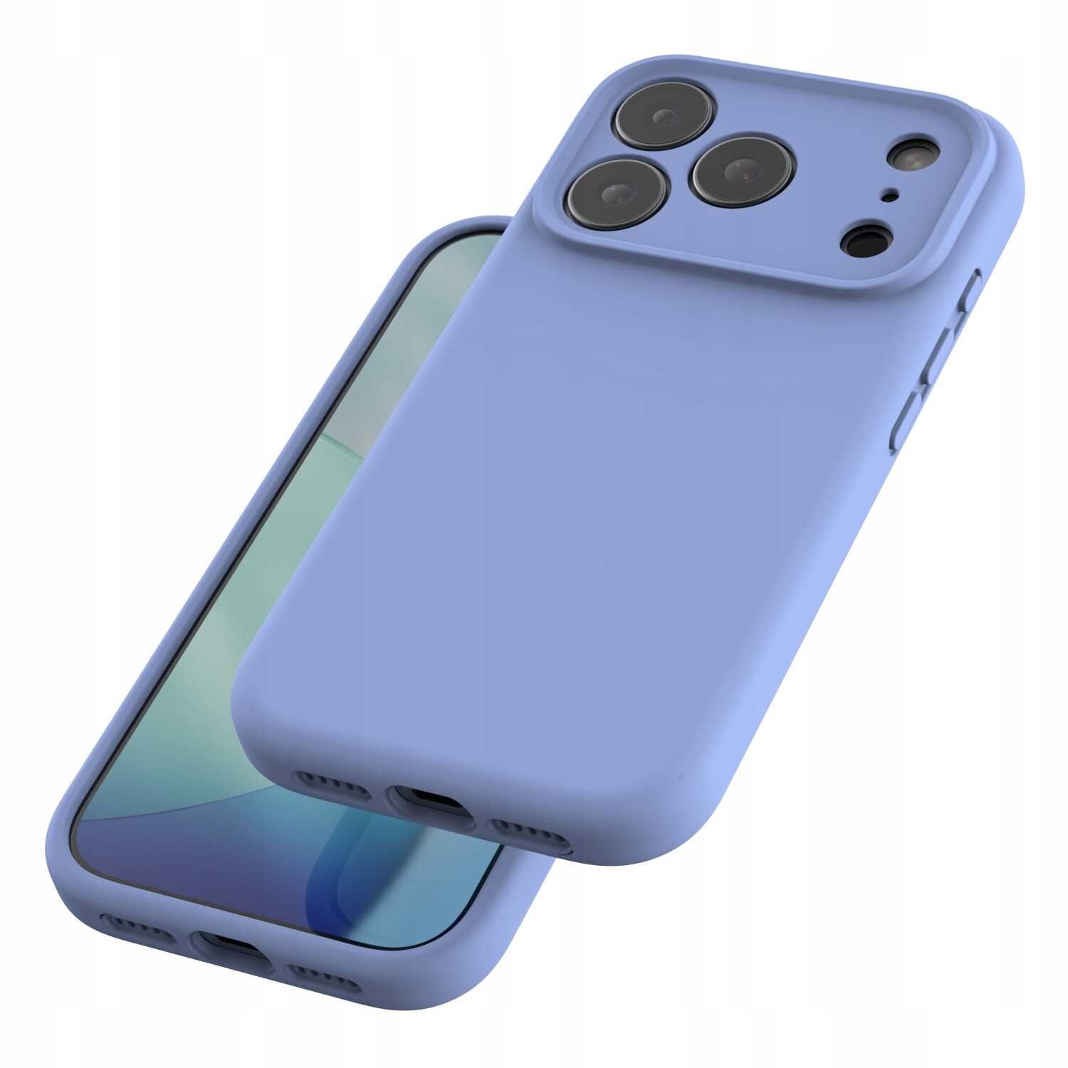 Na obrazie widoczne jest niebieskie silikonowe etui na telefon z trzema otworami na aparaty fotograficzne. Etui jest pokazane z przodu i z tyłu, prezentując jego gładką powierzchnię i otwory na porty.