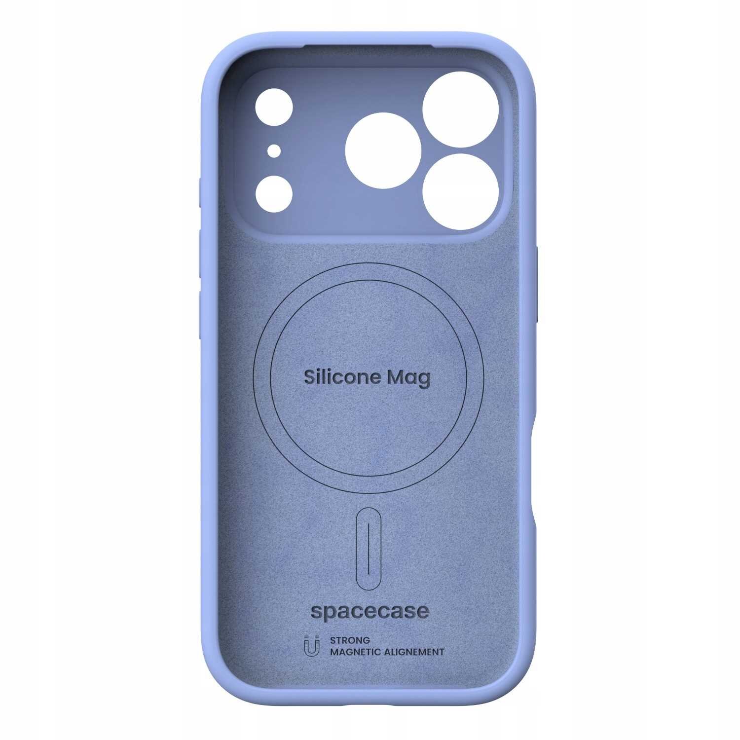 Niebieskie silikonowe etui z otworami na aparat i napisem \'Silicone Mag\' oraz \'spacecase\'. Widoczny jest symbol magnetyczny i napis \'STRONG MAGNETIC ALIGNEMENT\'.