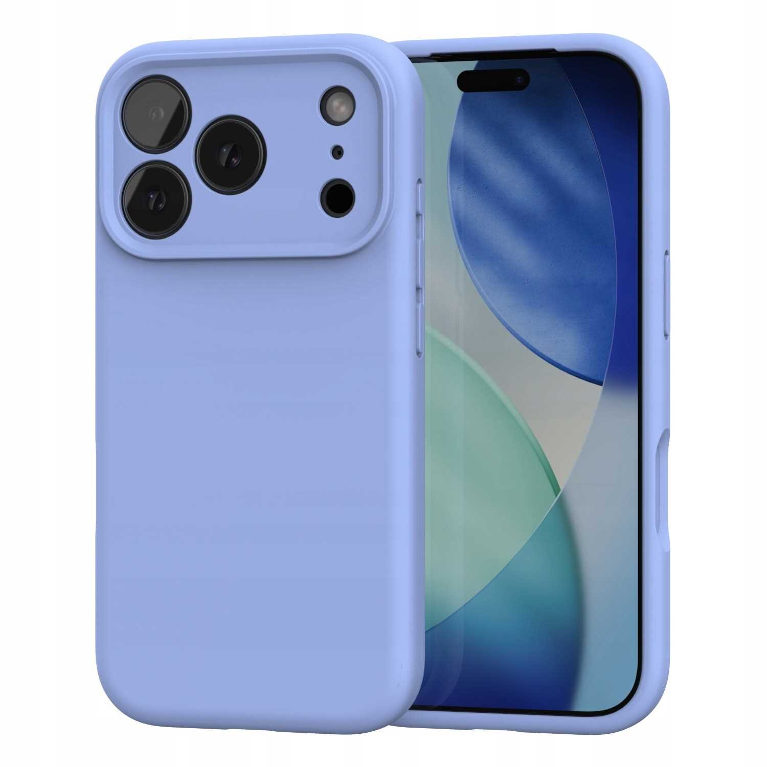 Niebieskie silikonowe etui magnetyczne z trzema otworami na aparaty i dodatkowymi otworami na czujniki. Etui jest założone na smartfon z widocznym ekranem o abstrakcyjnym wzorze.