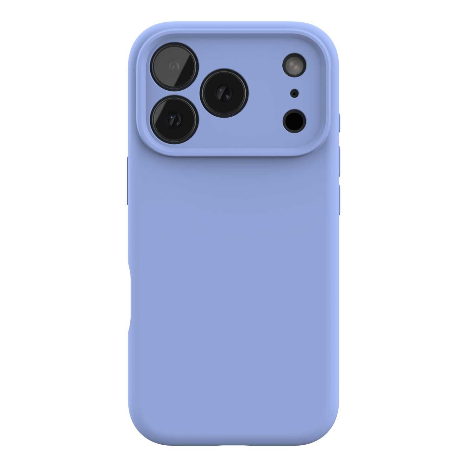 Niebieskie silikonowe etui na telefon z trzema otworami na obiektywy aparatu i dodatkowymi otworami na inne elementy. Etui ma gładką powierzchnię i zaokrąglone krawędzie.