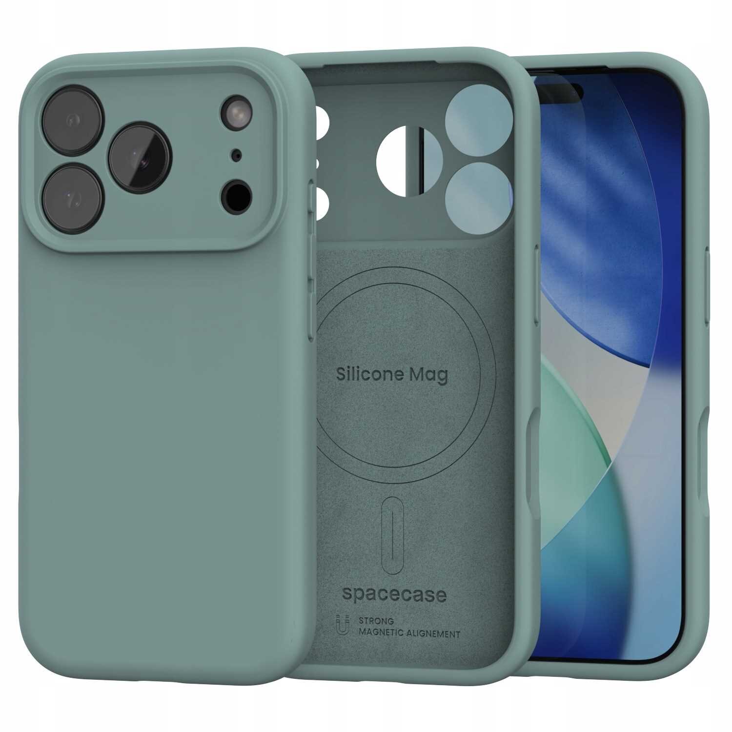 Zielone silikonowe etui magnetyczne z trzema otworami na aparaty i napisem \'Silicone Mag\' oraz \'spacecase\'.