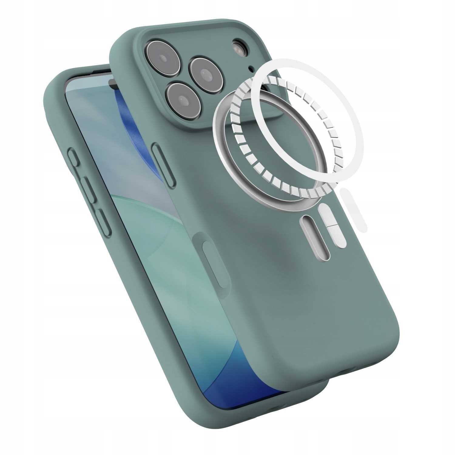 Zielone silikonowe etui magnetyczne z MagSafe, przeznaczone do iPhone 17 Pro, z widocznymi wycięciami na aparat i przyciski. Obok etui znajduje się metalowy pierścień symbolizujący funkcję MagSafe.
