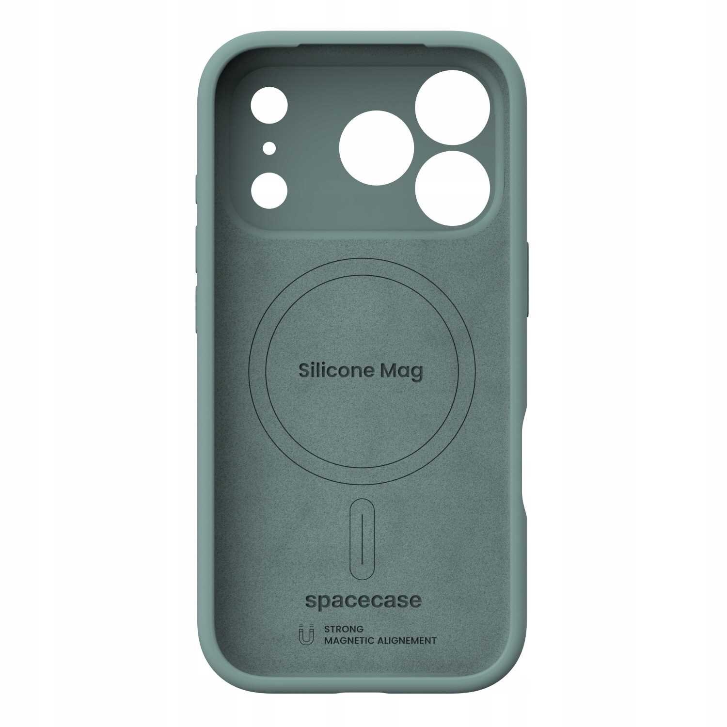 Zielone silikonowe etui z wycięciami na aparat i przyciski, z napisem \'Silicone Mag\' oraz \'spacecase\' na dole. Widoczny jest symbol magnetyczny i napis \'STRONG MAGNETIC ALIGNMENT\'.