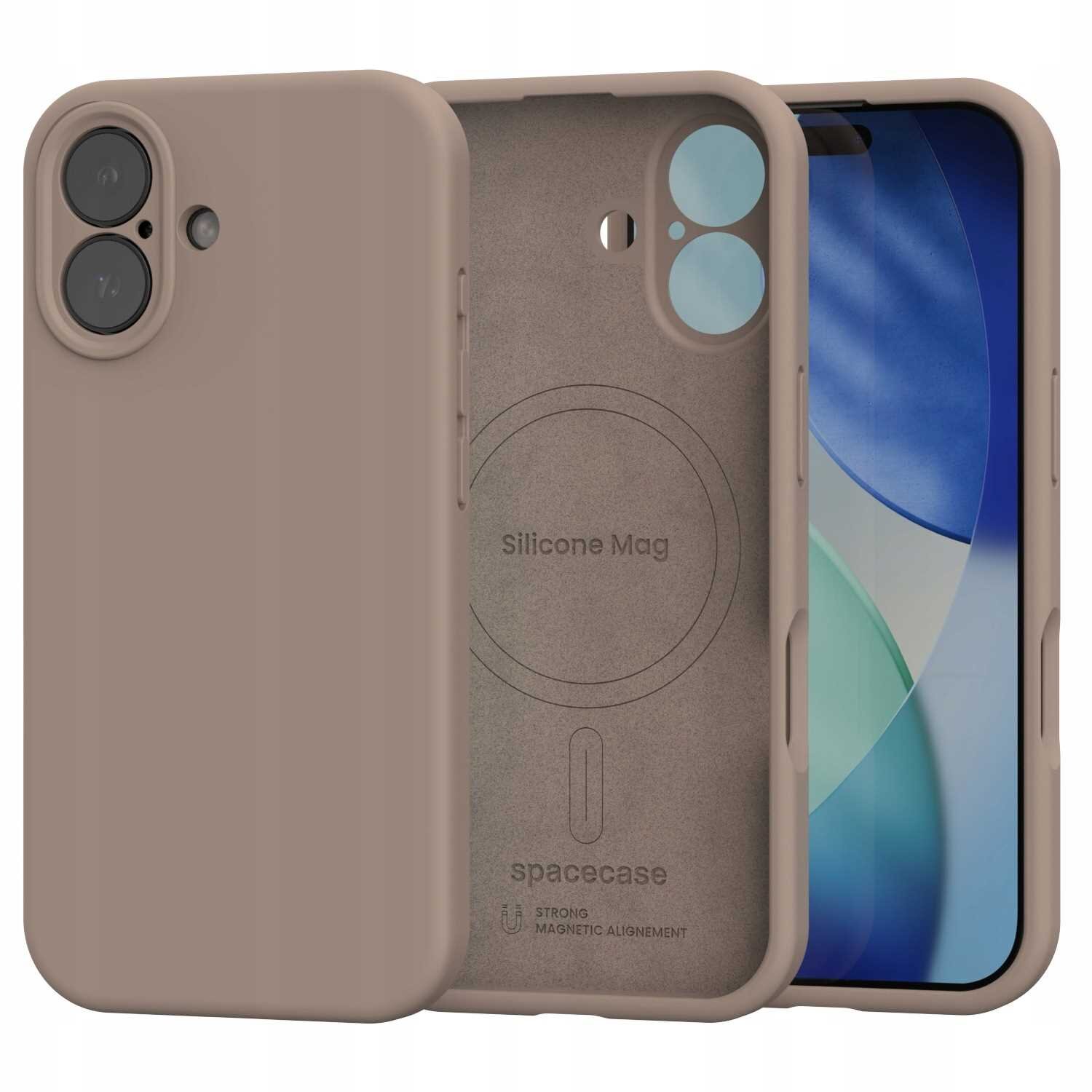 Brązowe silikonowe etui magnetyczne z widocznym napisem \'Silicone Mag\' oraz logo \'spacecase\' i tekstem \'STRONG MAGNETIC ALIGNMENT\'.