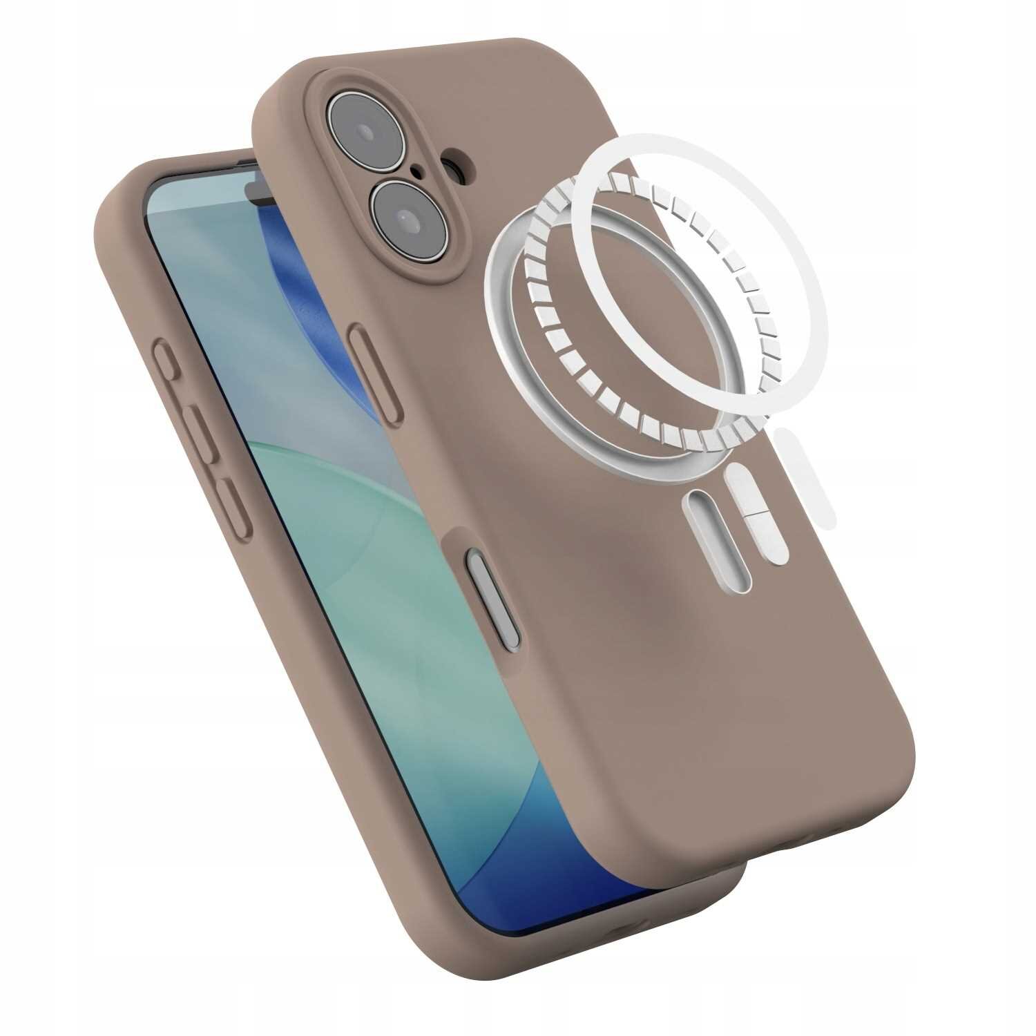 Brązowe silikonowe etui magnetyczne z MagSafe, przeznaczone do iPhone\'a, z widocznymi przyciskami bocznymi i otworami na aparat. Na etui znajduje się przezroczysty pierścień wskazujący funkcję MagSafe.
