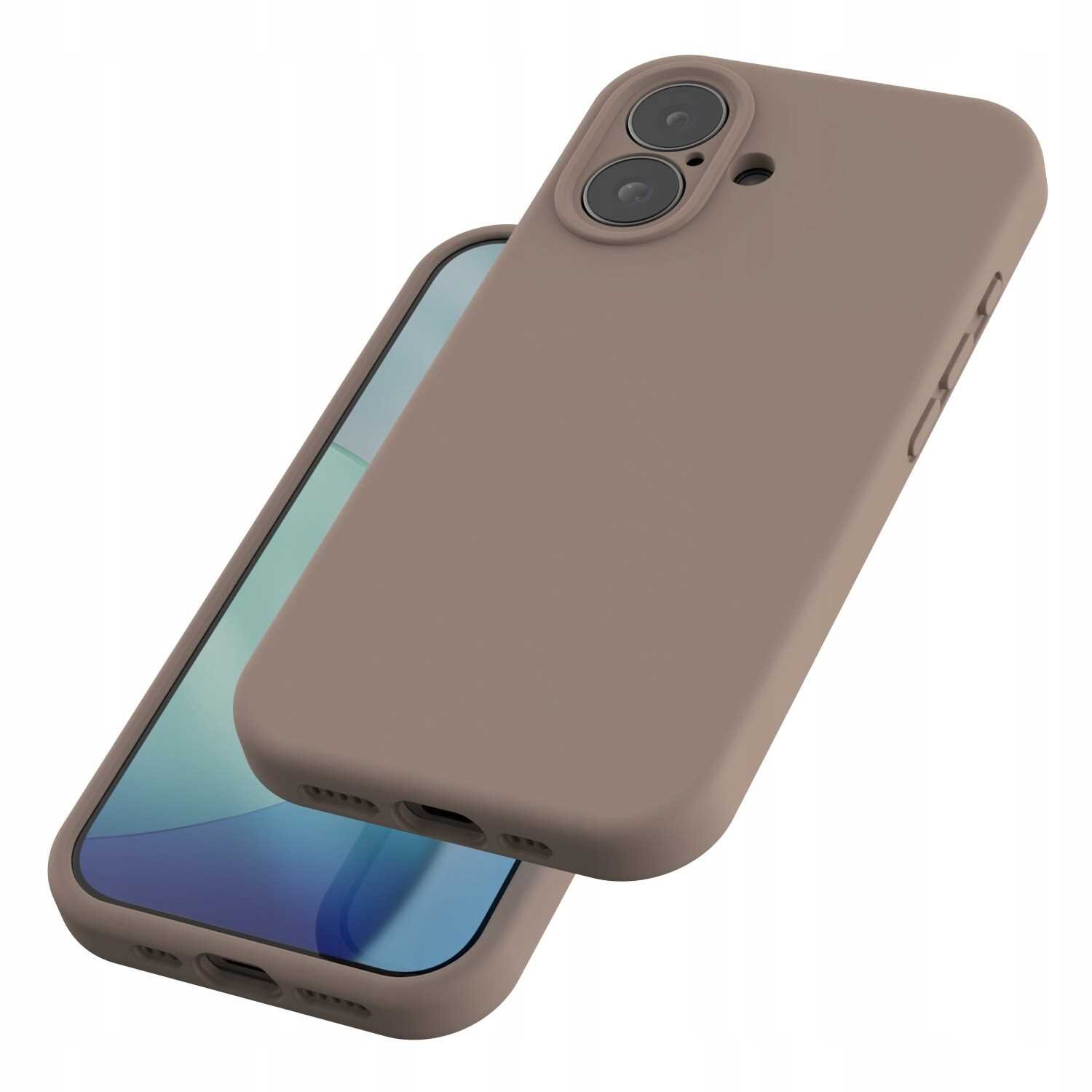 Na obrazie widoczne jest brązowe silikonowe etui na telefon z dwoma otworami na aparat. Etui ma gładką powierzchnię i wycięcia na przyciski oraz porty.