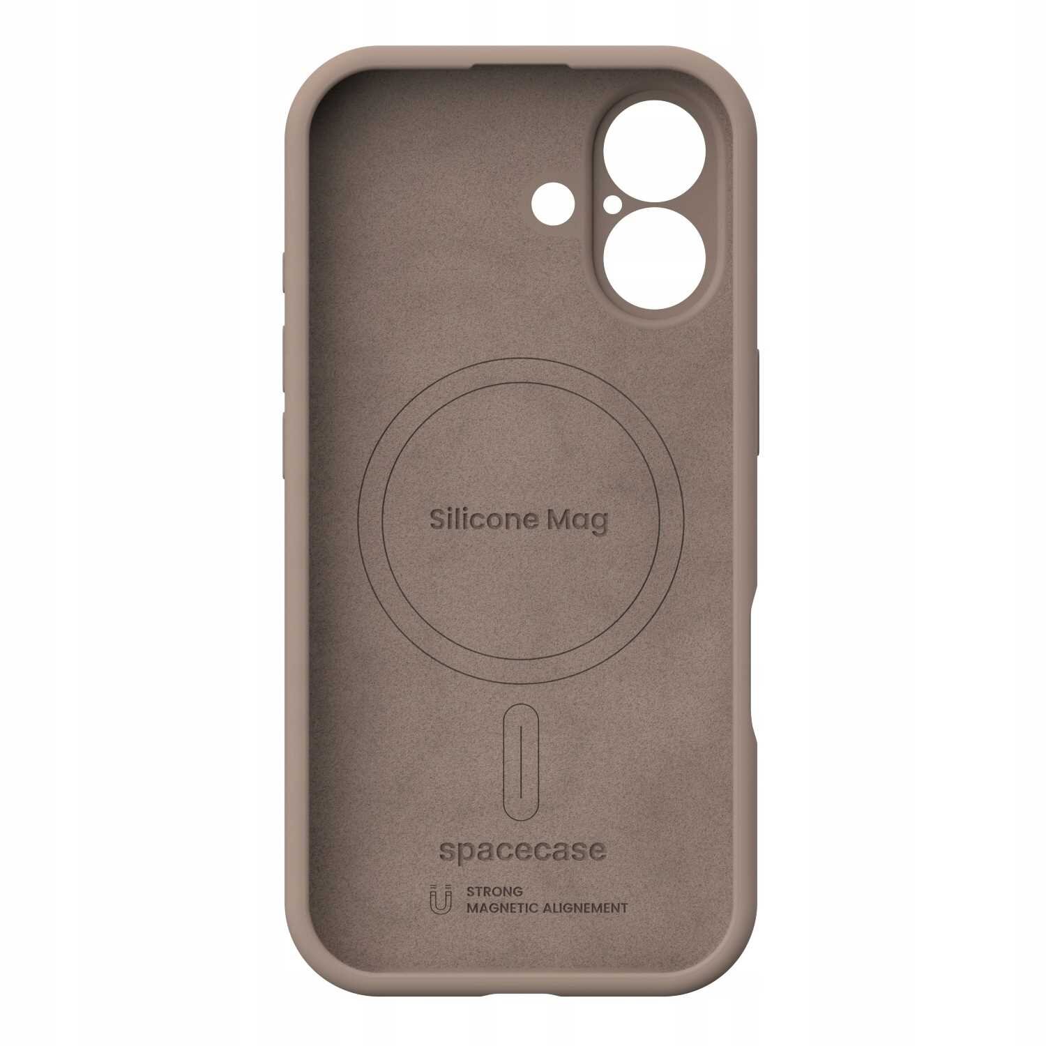 Brązowe silikonowe etui z okrągłym wzorem i napisem \'Silicone Mag\'. Widoczne są również napisy \'spacecase\' i \'STRONG MAGNETIC ALIGNEMENT\'.