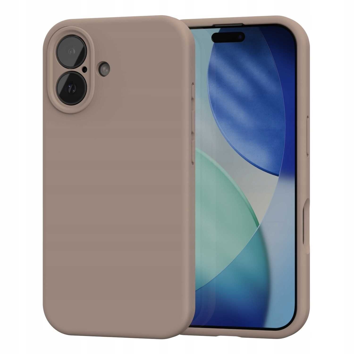 Brązowe silikonowe etui na telefon z dwoma otworami na aparat i przyciskiem bocznym. Telefon w etui wyświetla abstrakcyjny wzór w odcieniach niebieskiego i zielonego.