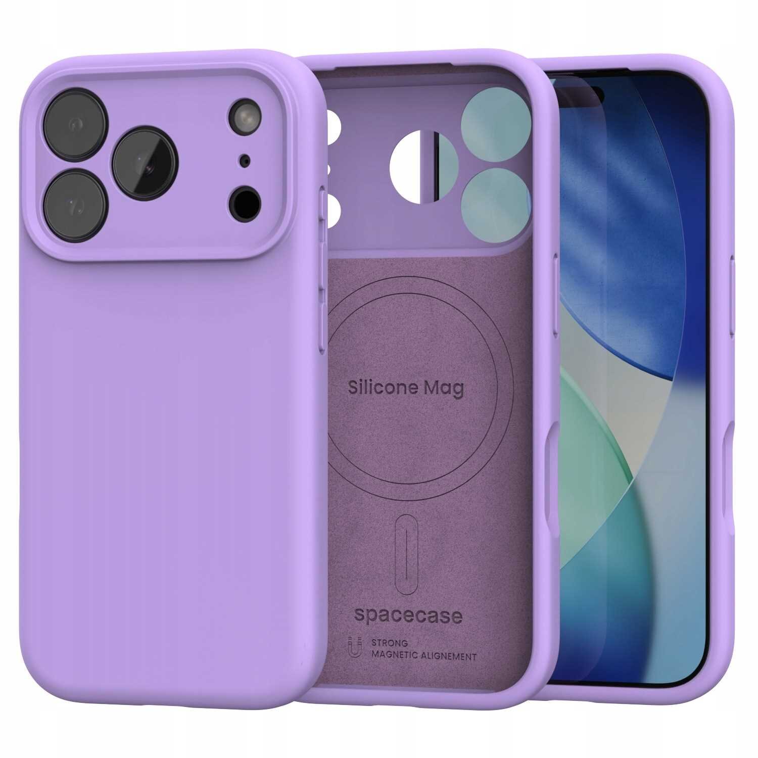 Fioletowe silikonowe etui magnetyczne z trzema dużymi otworami na aparaty i mniejszymi na inne elementy. Wewnątrz widoczny napis \'Silicone Mag\' oraz logo \'spacecase\' z symbolem magnetycznym.