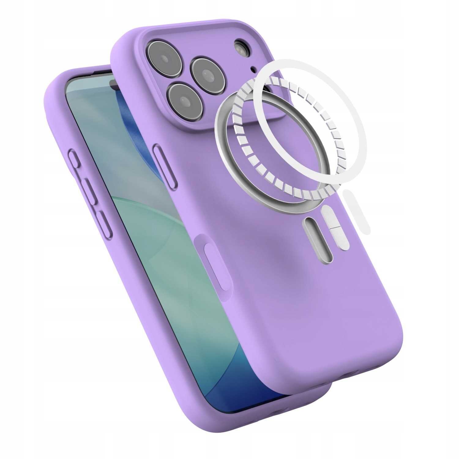 Fioletowe silikonowe etui magnetyczne z funkcją MagSafe, przeznaczone do iPhone 17 Pro. Etui posiada wycięcia na aparat i przyciski oraz widoczny okrągły element magnetyczny.