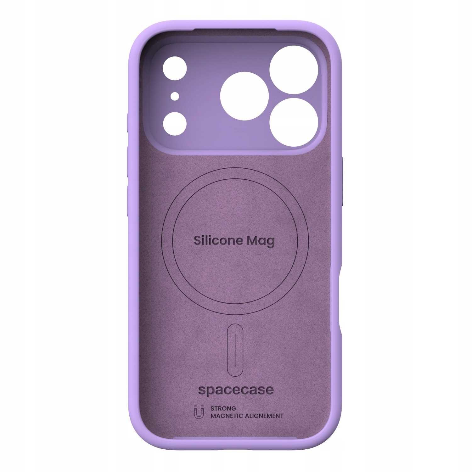 Fioletowe silikonowe etui z okrągłym wycięciem na aparat i napisem \'Silicone Mag\' oraz \'spacecase\'. Widoczny jest również symbol magnetyczny i napis \'STRONG MAGNETIC ALIGNMENT\'.