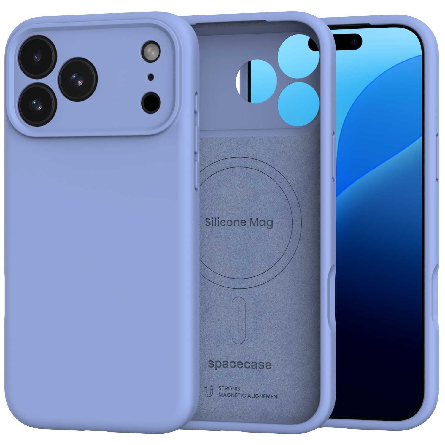 Na obrazie widoczne jest niebieskie silikonowe etui magnetyczne z trzema otworami na aparaty i napisem \'Silicone Mag\' oraz \'spacecase\'.