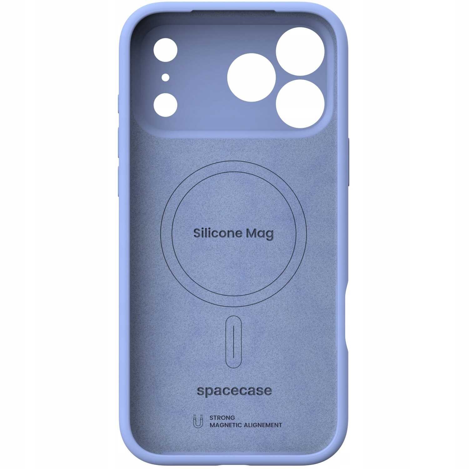 Niebieskie silikonowe etui z okrągłym wzorem i napisem \'Silicone Mag\' oraz \'spacecase\'. Widoczne są otwory na aparat i logo \'STRONG MAGNETIC ALIGNEMENT\'.