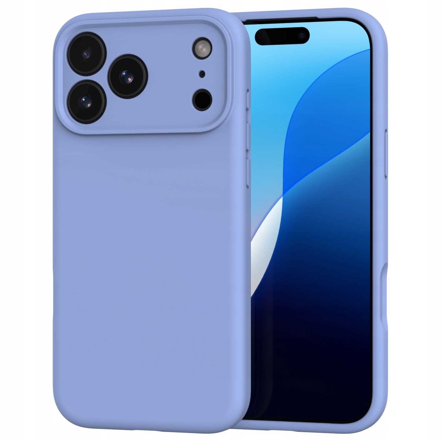 Niebieskie silikonowe etui na telefon z trzema widocznymi aparatami i otworami na czujniki. Telefon w etui wyświetla abstrakcyjny niebiesko-biały wzór na ekranie.