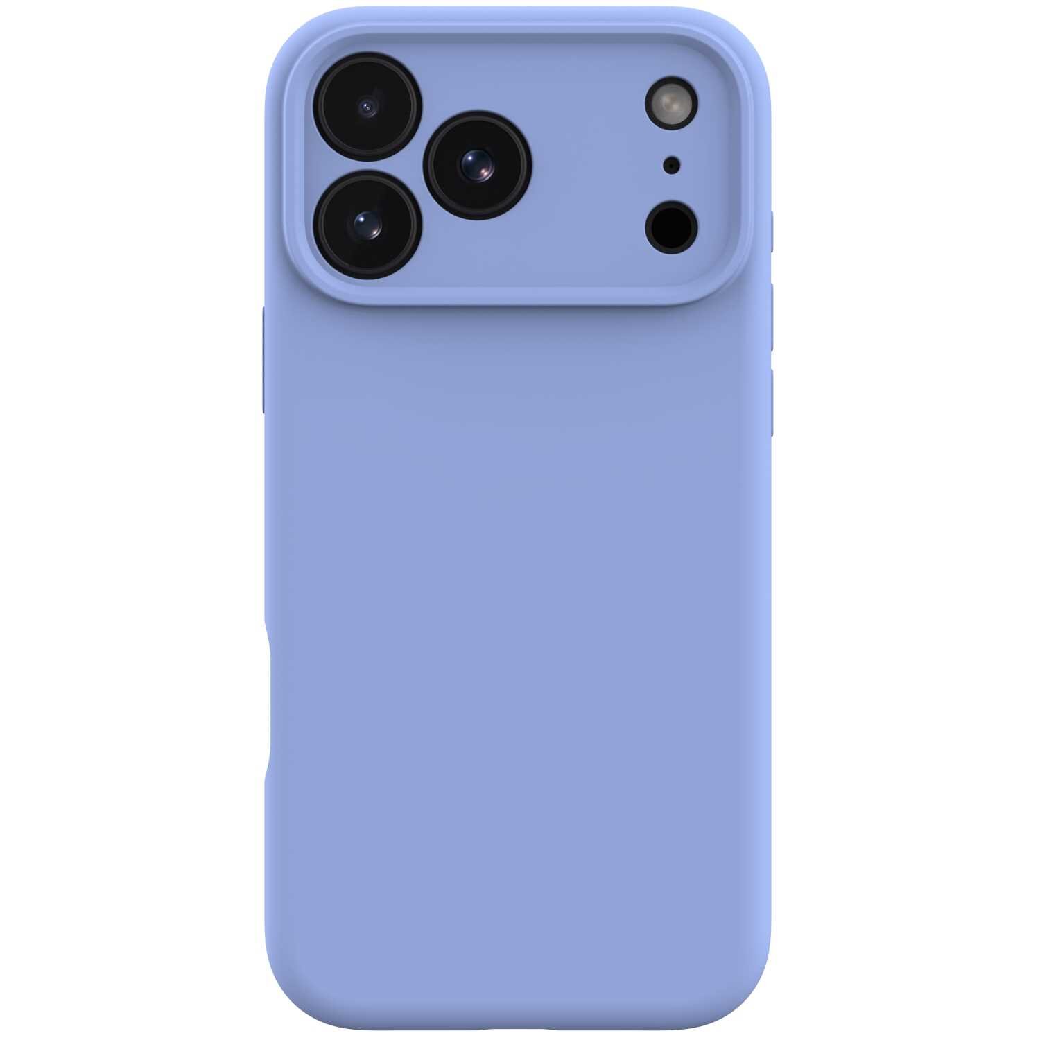 Niebieskie silikonowe etui na telefon z trzema dużymi otworami na aparaty i dodatkowymi mniejszymi otworami na inne elementy. Etui ma gładką powierzchnię i zaokrąglone krawędzie.