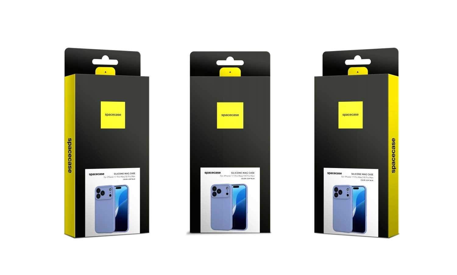 Trzy opakowania produktu z logo \'spacecase\' na czarnym tle z żółtym akcentem. Na każdym opakowaniu widoczny jest obrazek telefonu z niebieskim etui.
