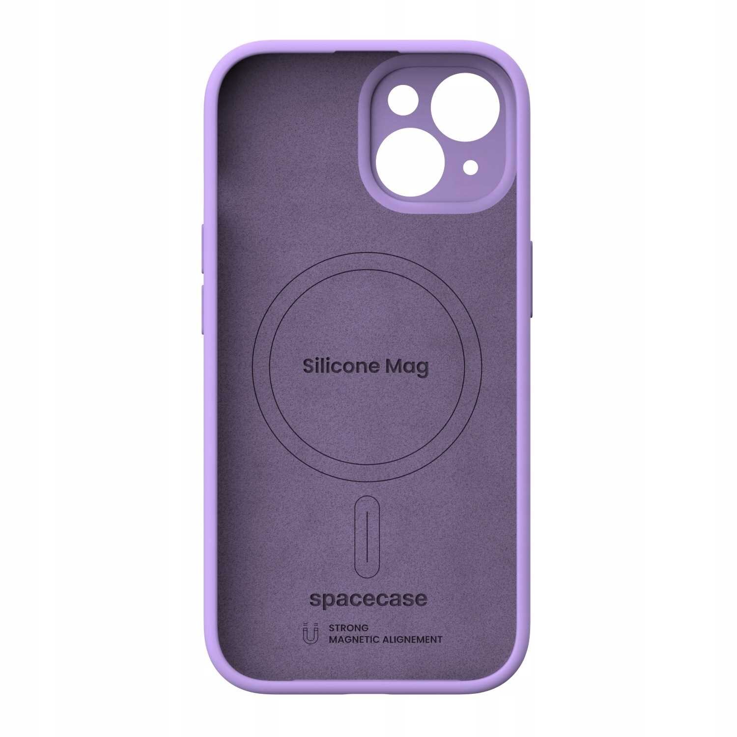 Fioletowe silikonowe etui z okrągłym wzorem i napisem \'Silicone Mag\' oraz \'spacecase\' na dole. Widoczne są również napisy \'STRONG MAGNETIC ALIGNEMENT\'.