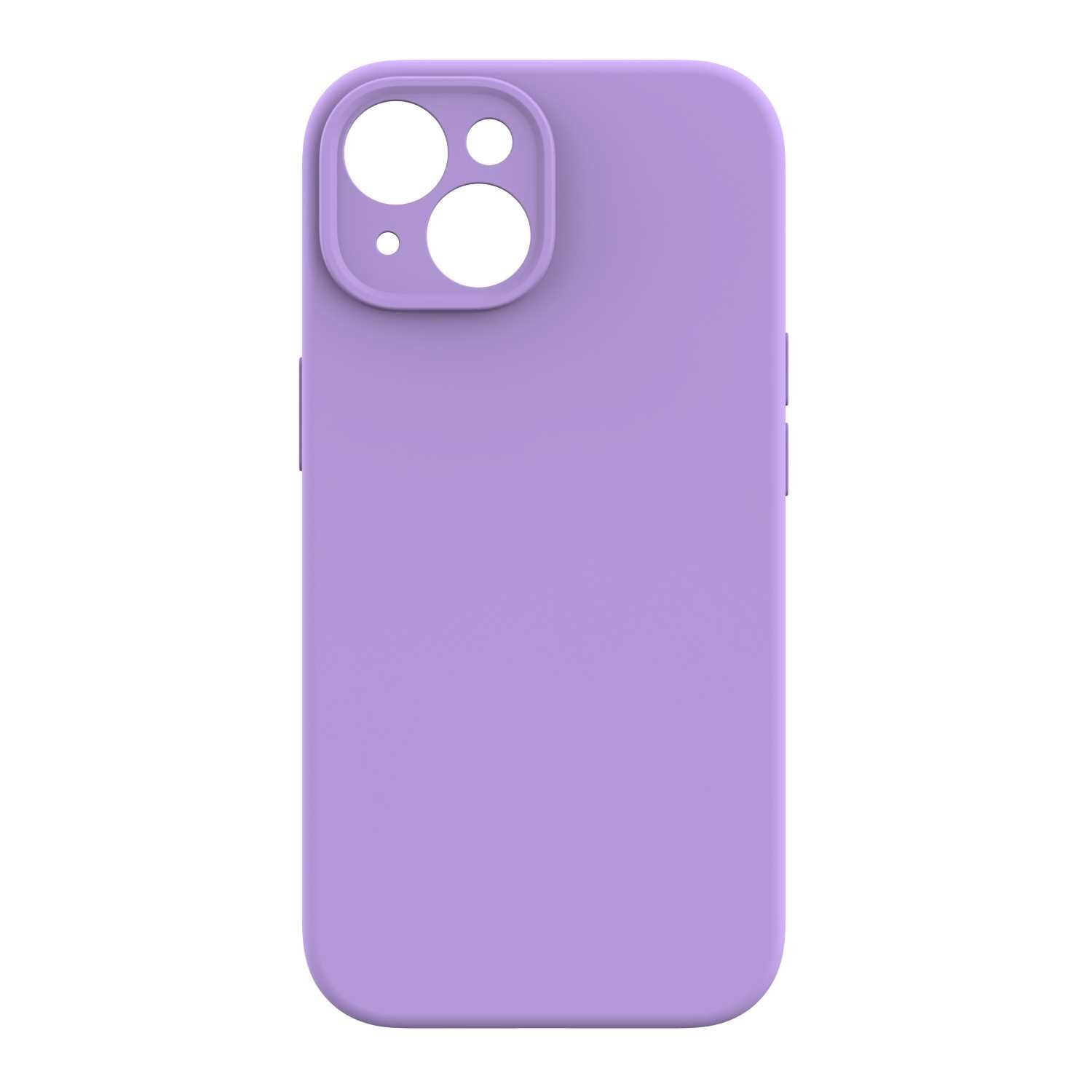 Fioletowe silikonowe etui z wycięciami na aparat i przyciski, przeznaczone do iPhone 15.