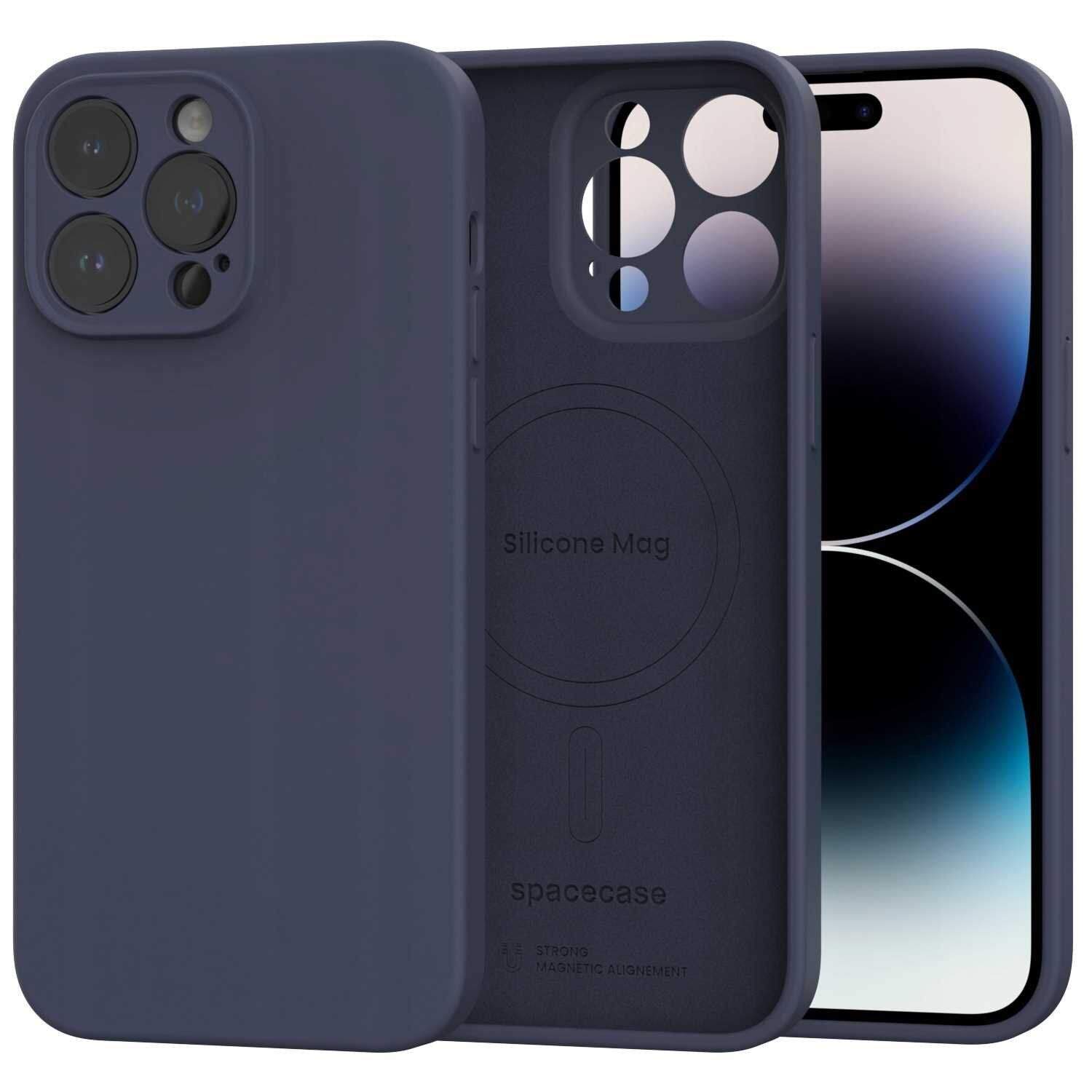 Na obrazie widoczne jest niebieskie silikonowe etui magnetyczne z trzema otworami na aparaty oraz napisem \'Silicone Mag\' i \'spacecase\'. Obok etui znajduje się telefon z wyświetlaczem pokazującym gradientowe tło.