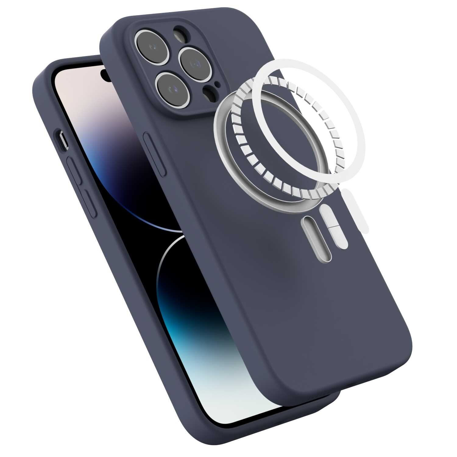 Niebieskie silikonowe etui magnetyczne z MagSafe do iPhone 14 Pro Max, z widocznym pierścieniem magnetycznym. Etui posiada wycięcia na aparat i przyciski boczne.