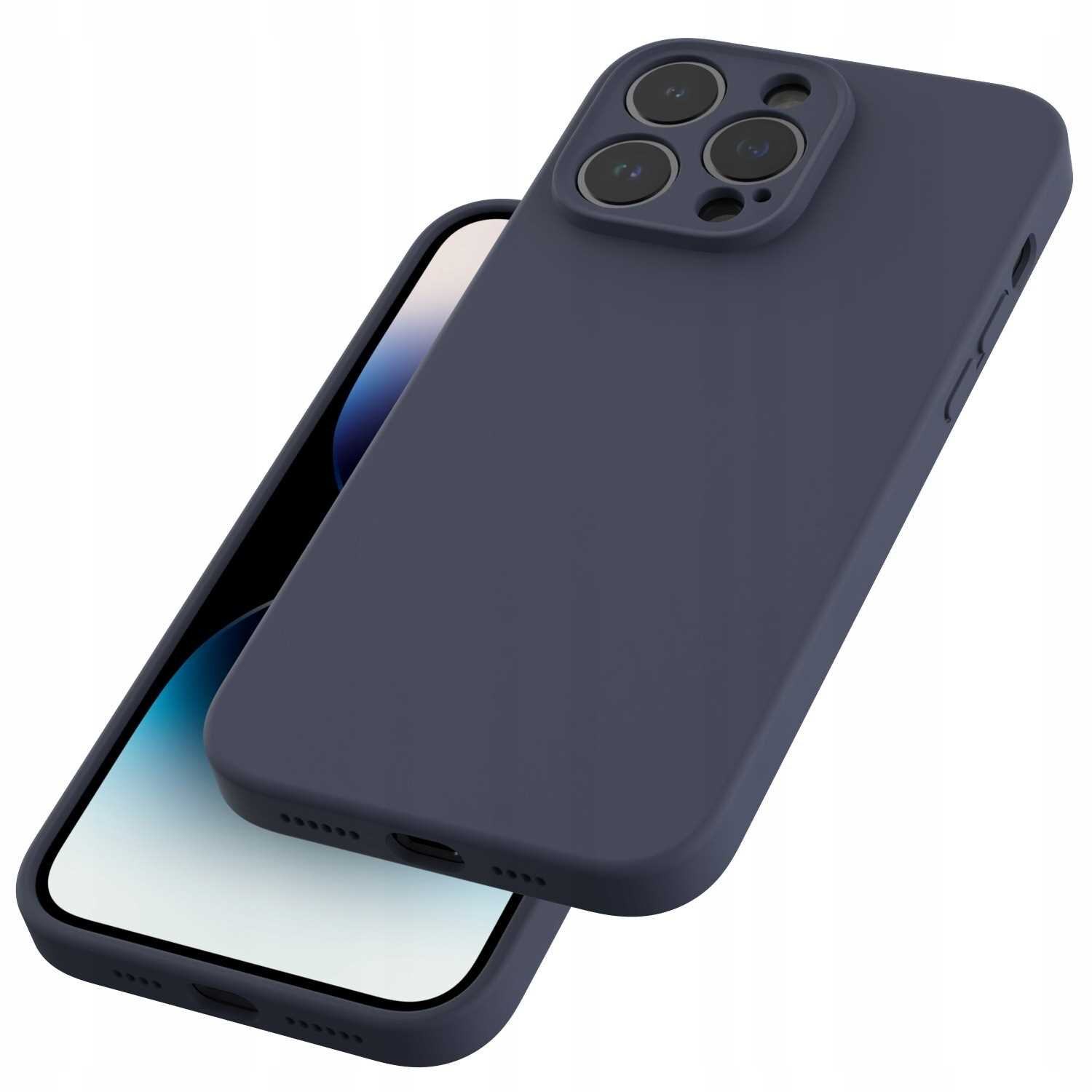 Na obrazie widoczne jest niebieskie silikonowe etui na telefon z trzema otworami na aparat. Etui jest przeznaczone dla iPhone 14 Pro Max.