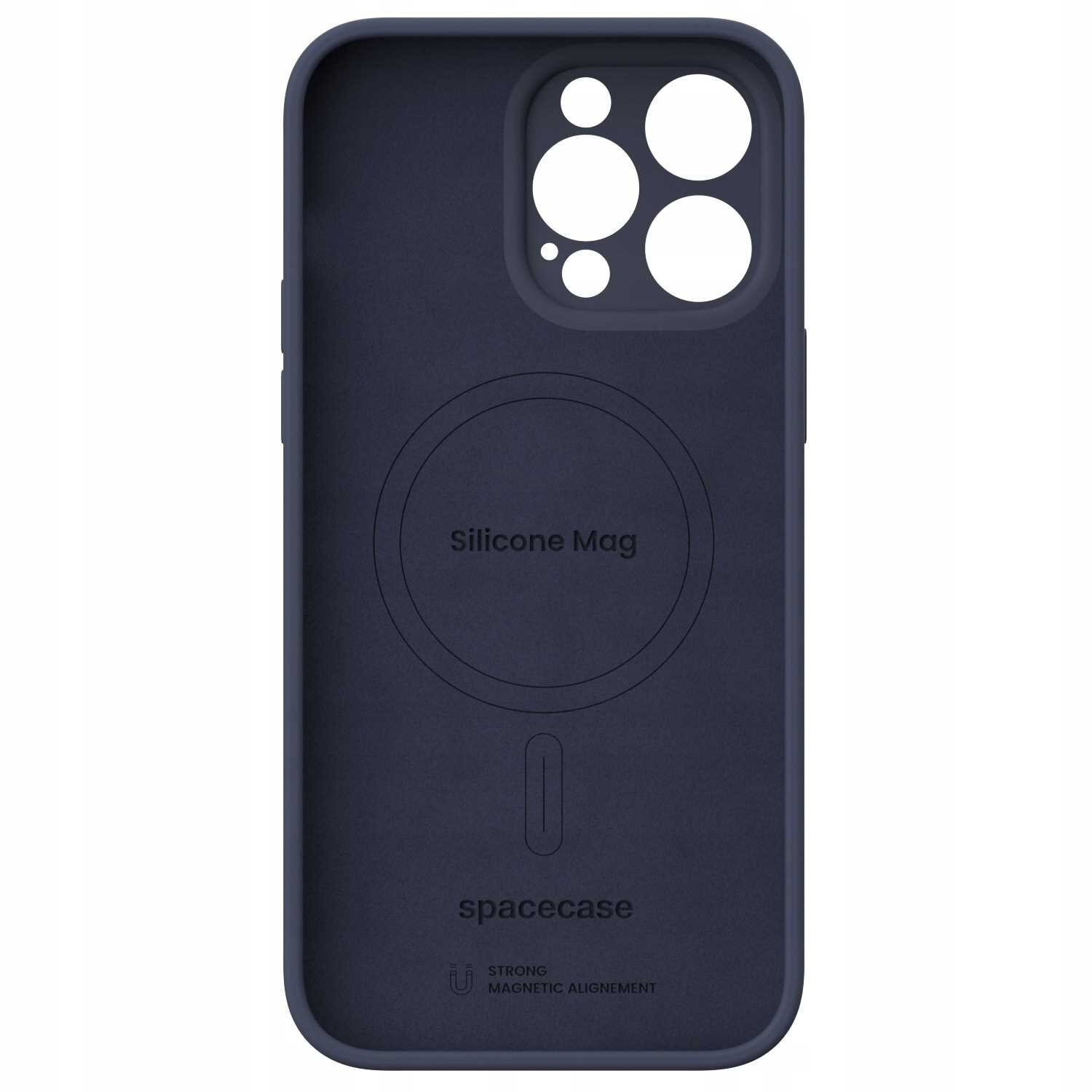 Niebieskie silikonowe etui z wycięciami na aparat i napisem \'Silicone Mag\' oraz \'spacecase\'. Widoczny jest symbol \'STRONG MAGNETIC ALIGNMENT\'.