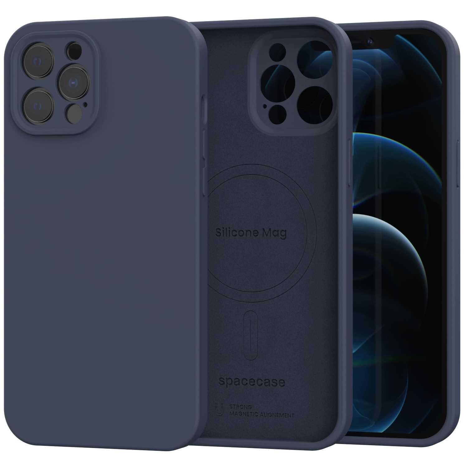 Na obrazie widoczne jest niebieskie silikonowe etui na telefon z trzema otworami na aparat. Na wewnętrznej stronie etui znajduje się napis \'Silicone Mag\' oraz \'spacecase\'.