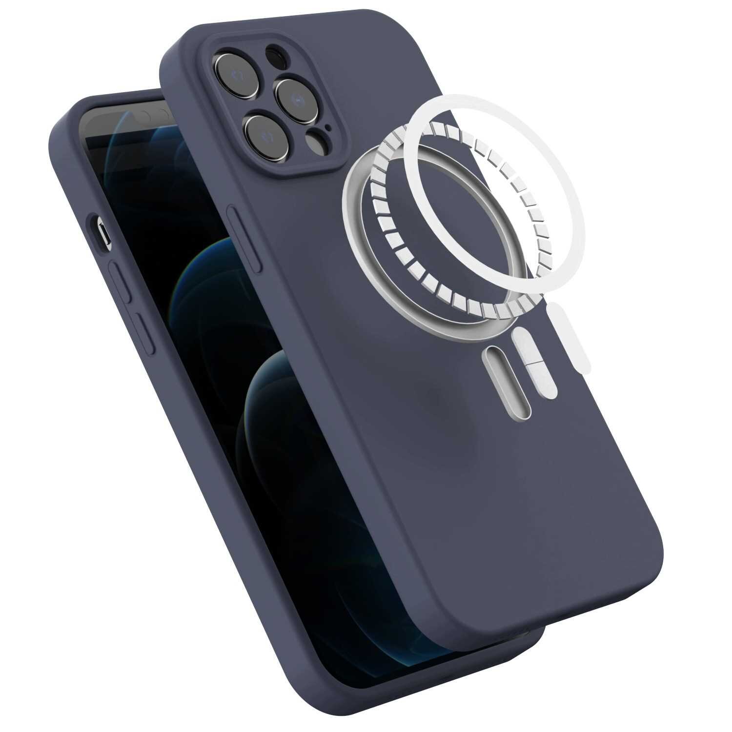 Niebieskie silikonowe etui magnetyczne z widocznym pierścieniem MagSafe, przeznaczone do iPhone 12 Pro Max. Etui posiada wycięcia na aparat i przyciski boczne.