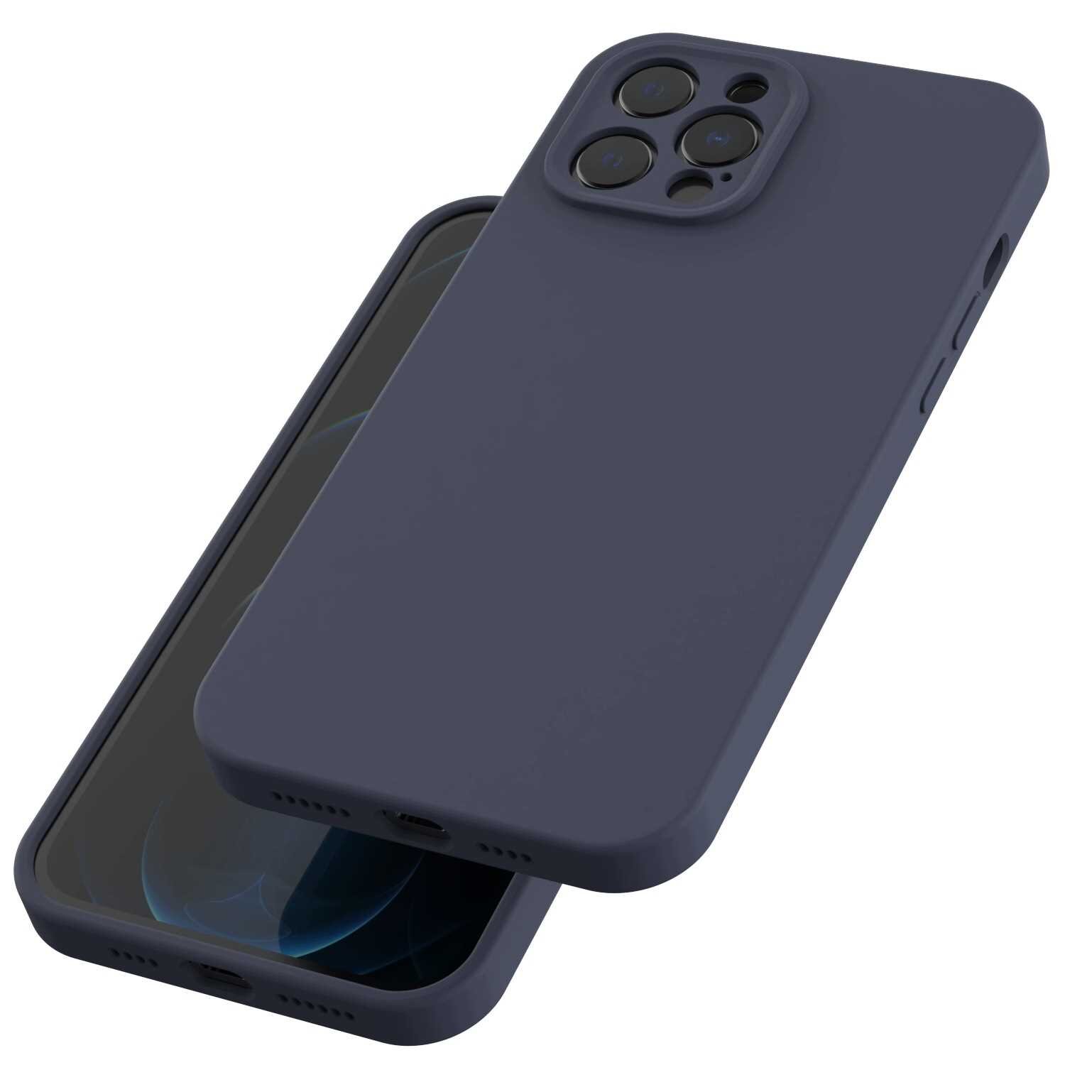 Na obrazie widoczne jest silikonowe etui w kolorze niebieskim, przeznaczone do telefonu z trzema aparatami. Etui ma gładką powierzchnię i wycięcia na przyciski oraz porty.