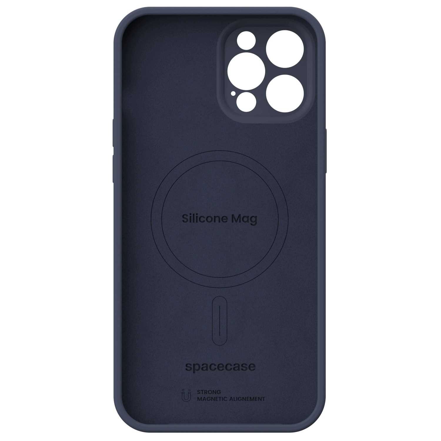 Niebieskie silikonowe etui z wycięciami na aparat i napisem \'Silicone Mag\' oraz \'spacecase\'. Widoczny jest symbol magnetyczny i napis \'STRONG MAGNETIC ALIGNMENT\'.