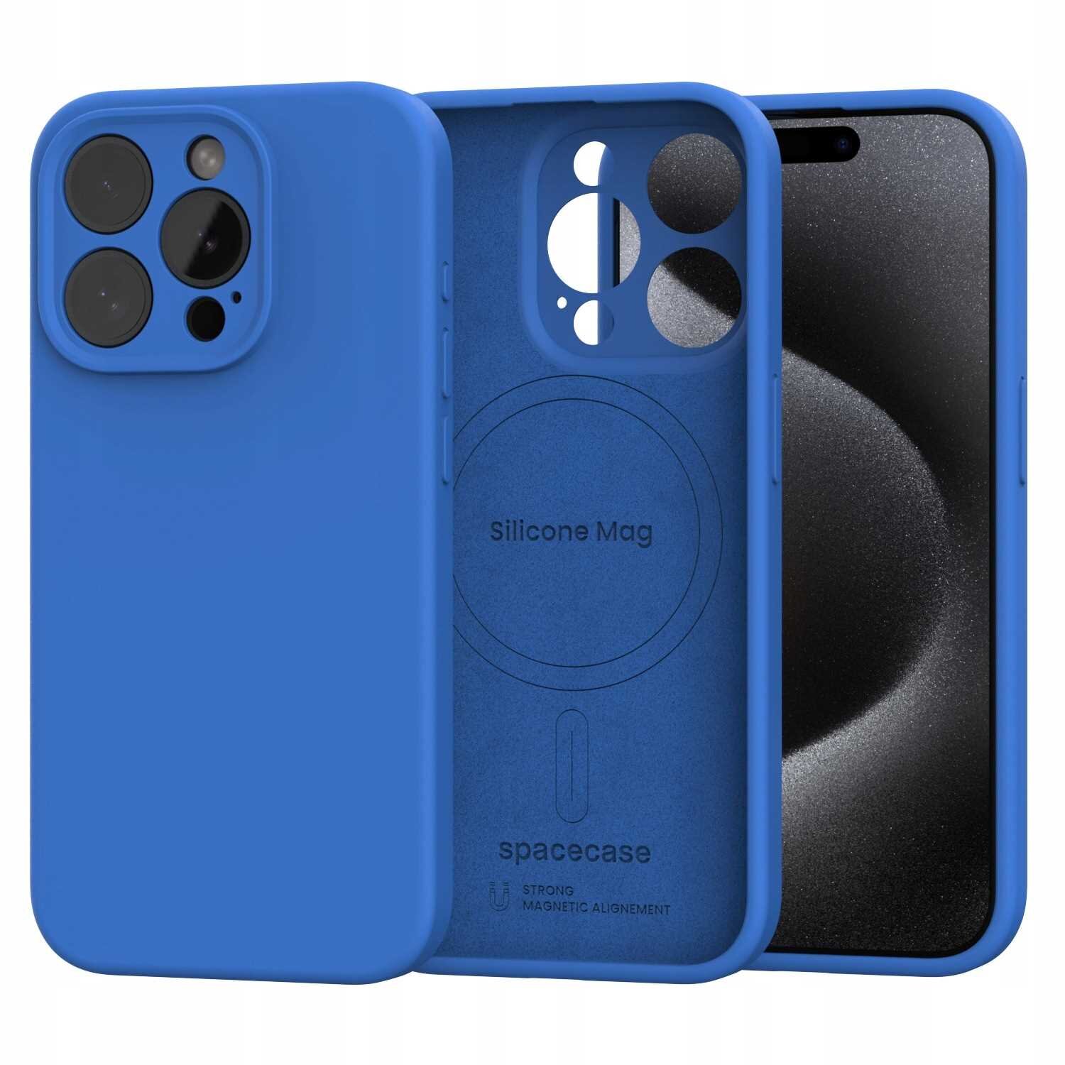 Na obrazie widoczne jest niebieskie silikonowe etui na telefon z trzema dużymi otworami na aparaty. Wewnątrz etui znajduje się napis \'Silicone Mag\' oraz logo \'spacecase\' z tekstem \'STRONG MAGNETIC ALIGNMENT\'.