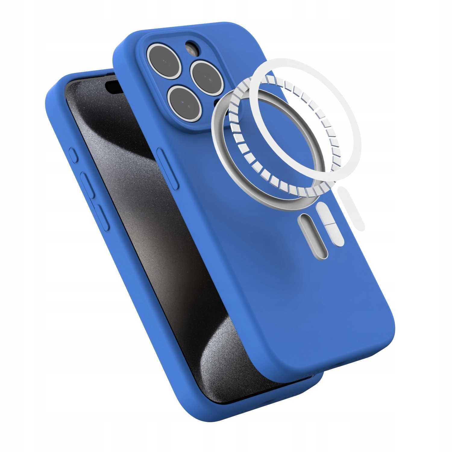Niebieskie silikonowe etui z trzema otworami na aparat i okrągłym elementem magnetycznym. Etui jest przeznaczone do telefonu iPhone 15 Pro.