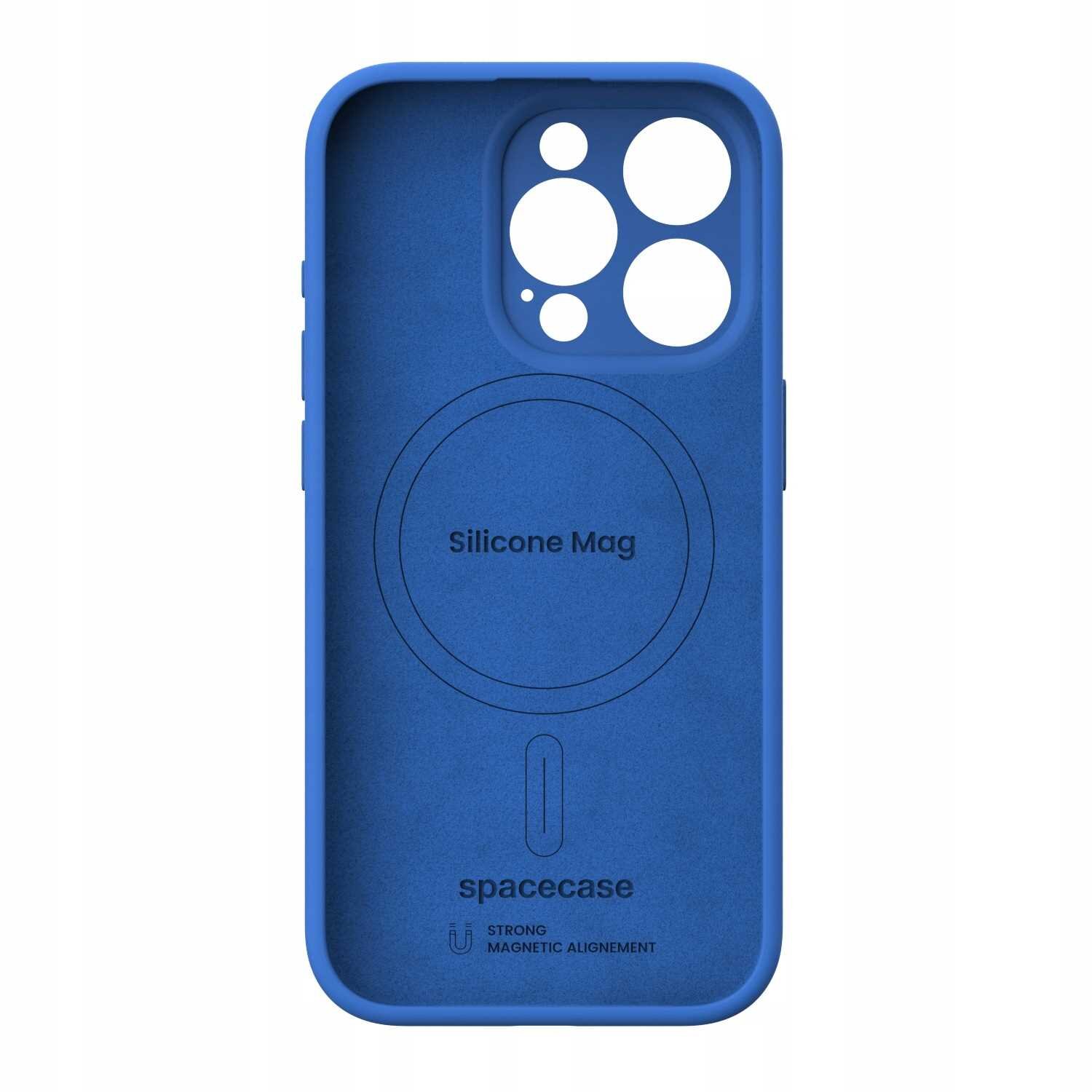 Niebieskie silikonowe etui z wycięciami na aparat i napisem \'Silicone Mag\' oraz \'spacecase\'. Widoczne jest także logo \'STRONG MAGNETIC ALIGNMENT\'.