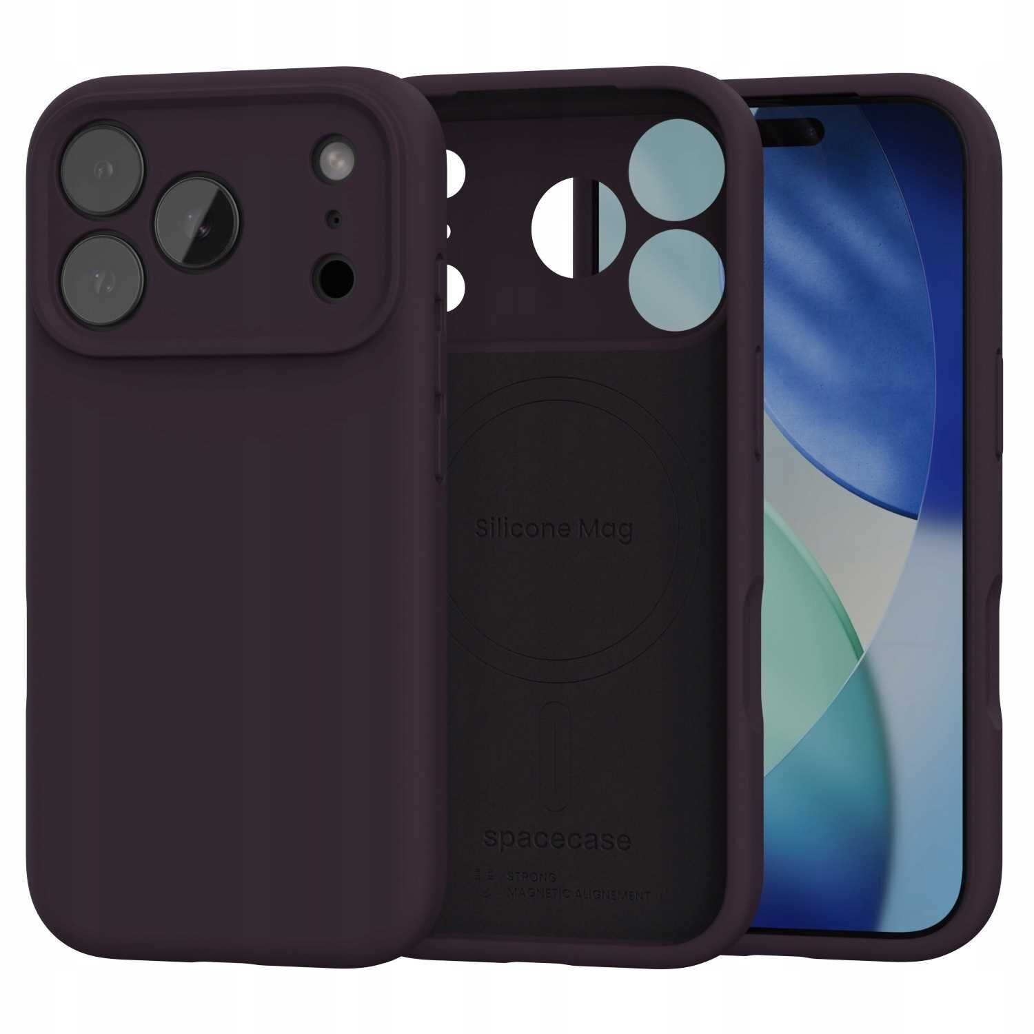 Na obrazie widoczne jest silikonowe etui w ciemnym kolorze z wycięciami na aparat i przyciski. Wewnątrz etui znajduje się napis \'Silicone Mag\' oraz \'spacecase\'.