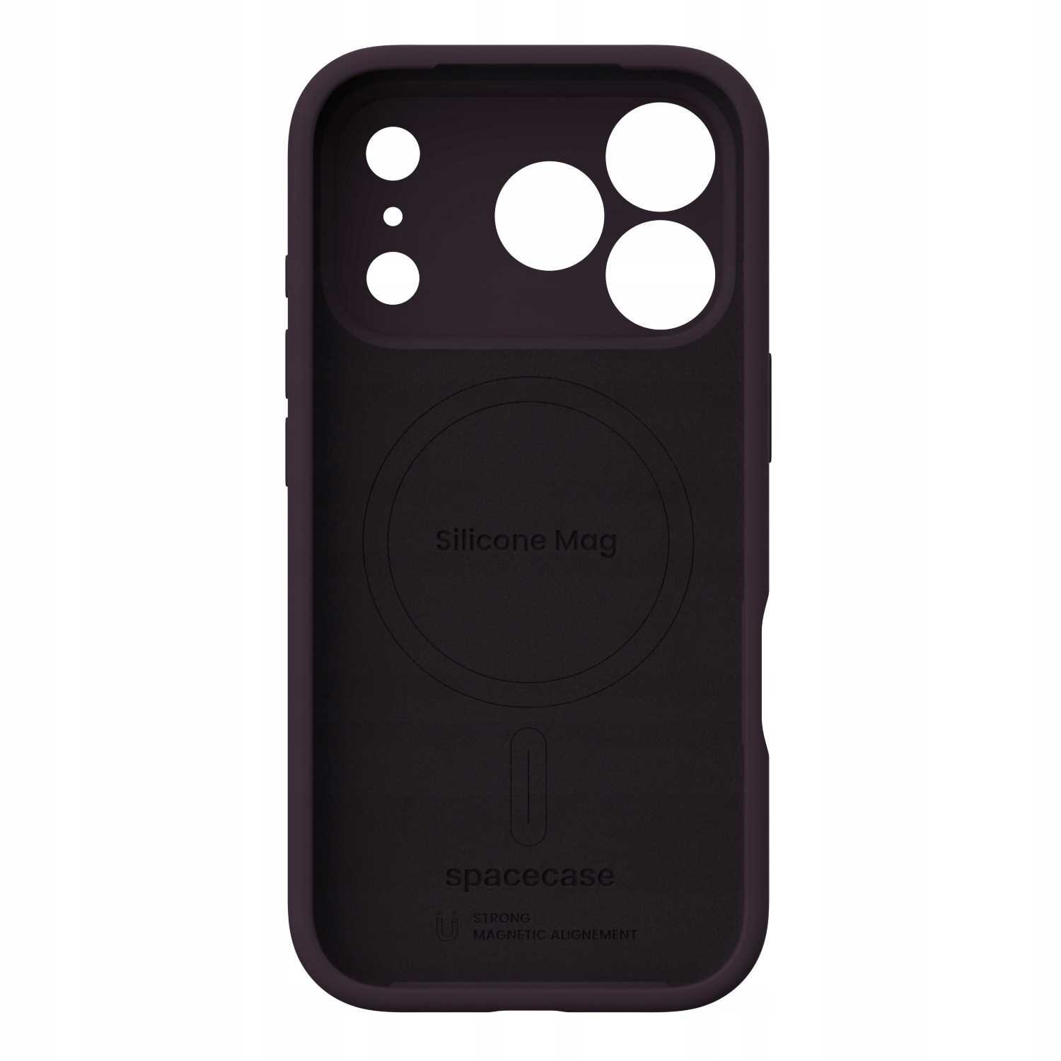 Czarne silikonowe etui z wycięciami na aparat i napisem \'Silicone Mag\' oraz \'spacecase\' na dole. Widoczny jest także symbol magnetyczny i napis \'STRONG MAGNETIC ALIGNMENT\'.