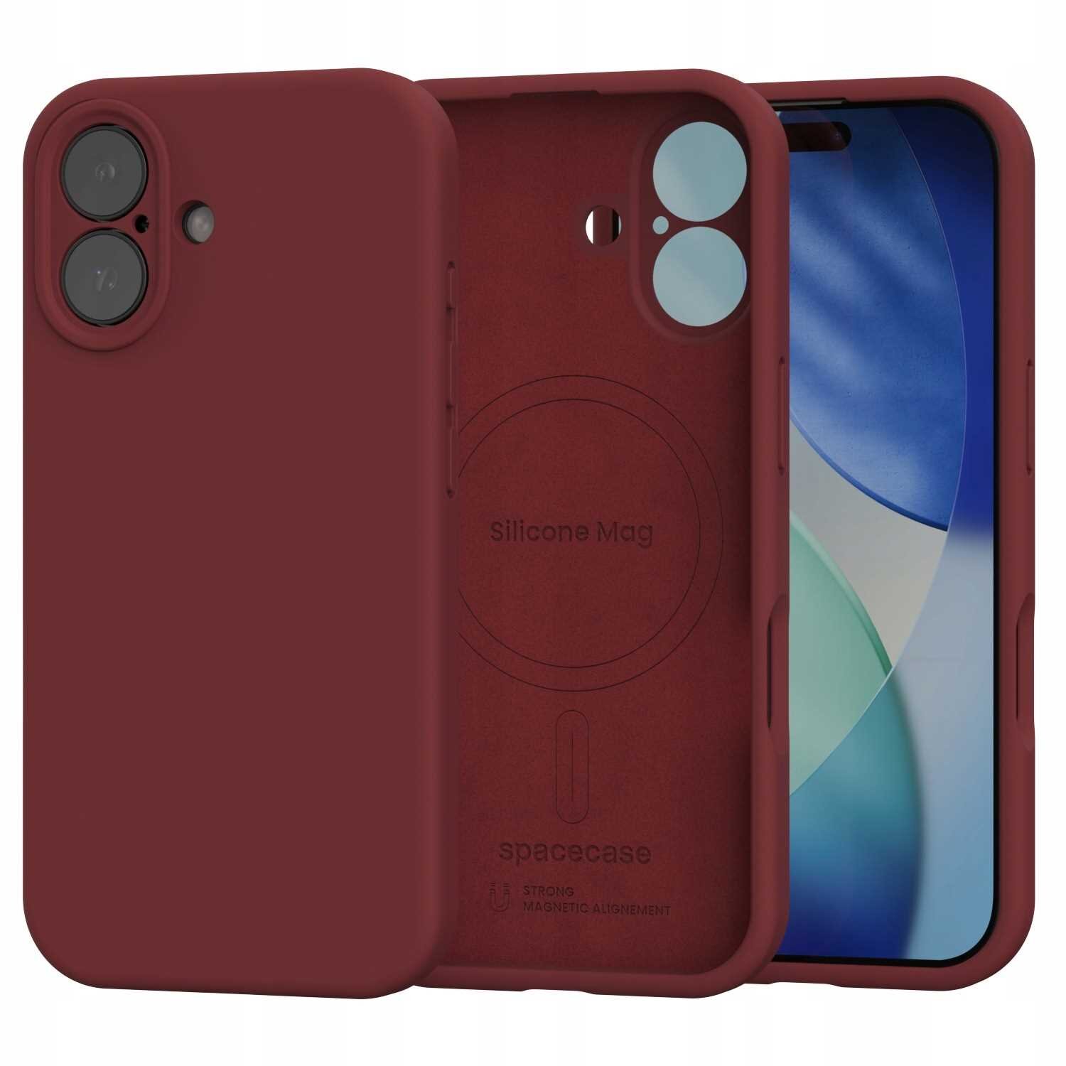 Czerwone silikonowe etui magnetyczne z napisem \'Silicone Mag\' i logo \'spacecase\'. Etui jest przeznaczone do telefonu z widocznymi wycięciami na aparat i przyciski.