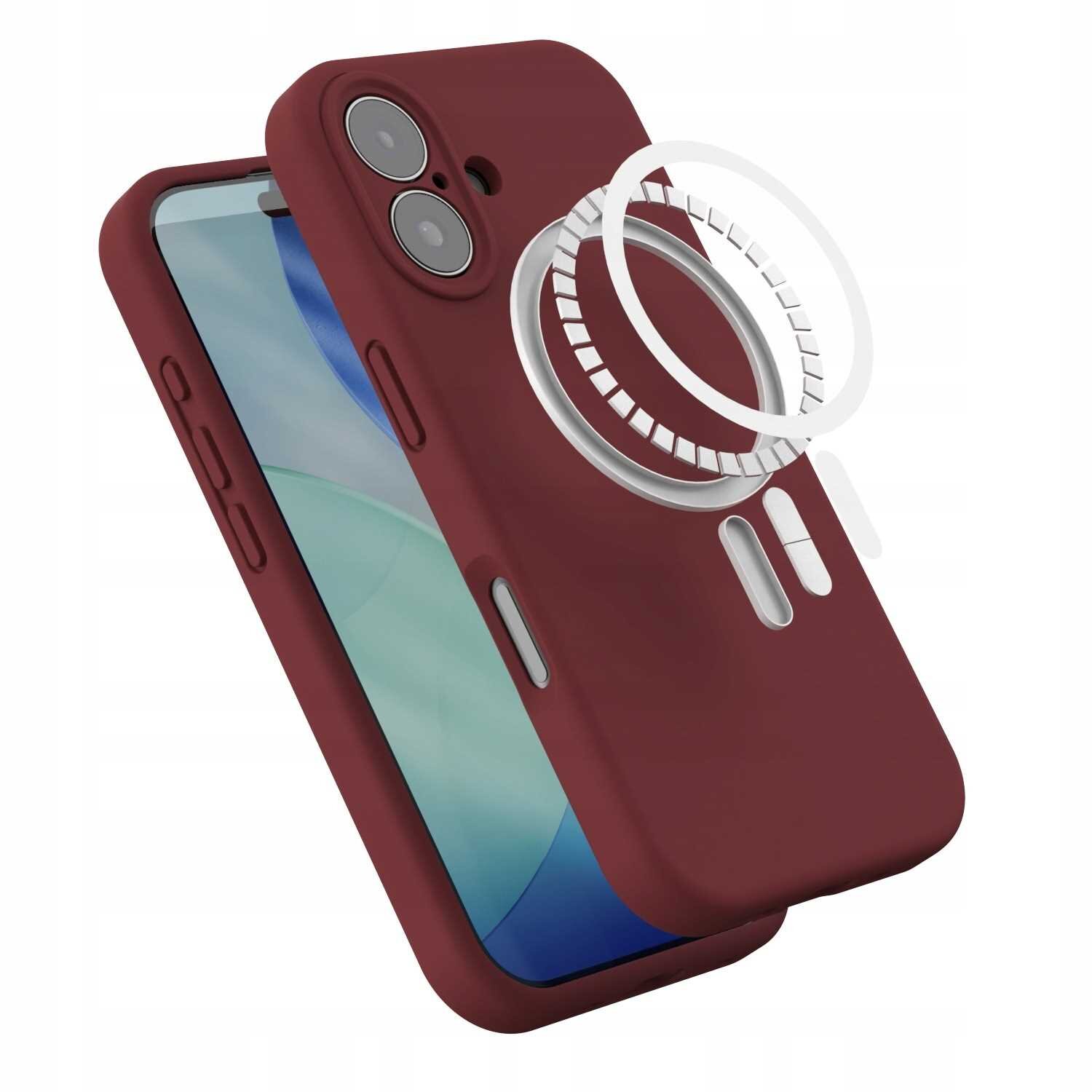 Czerwone silikonowe etui na telefon z widocznym okrągłym elementem magnetycznym. Etui posiada wycięcia na aparat i przyciski boczne.