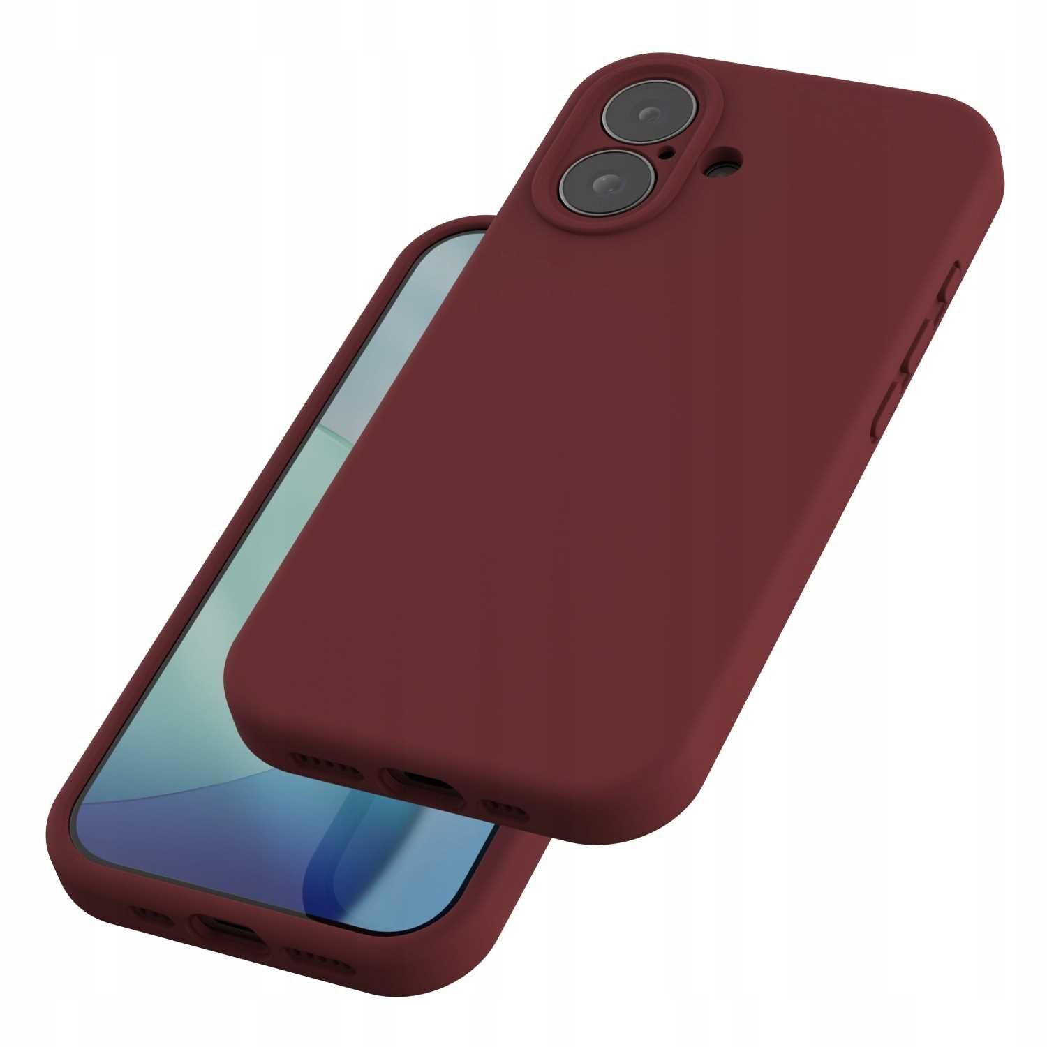 Czerwone silikonowe etui na telefon z dwoma otworami na aparat i przyciskami bocznymi. Etui jest pokazane z przodu i z tyłu, z widocznym wycięciem na porty u dołu.