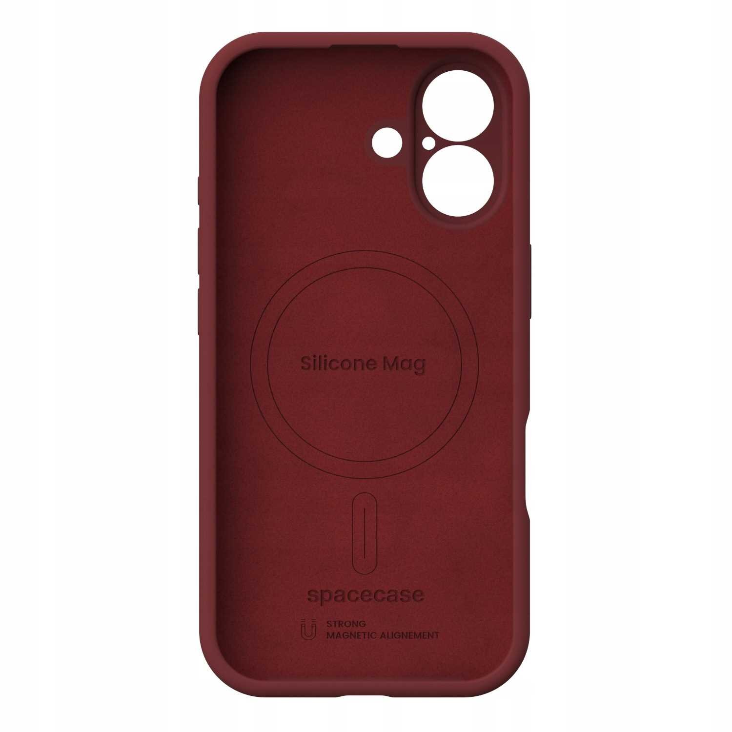 Czerwone silikonowe etui z okrągłym wzorem i wycięciami na aparat. Widoczny tekst: \'Silicone Mag\', \'spacecase\', \'STRONG MAGNETIC ALIGNMENT\'.