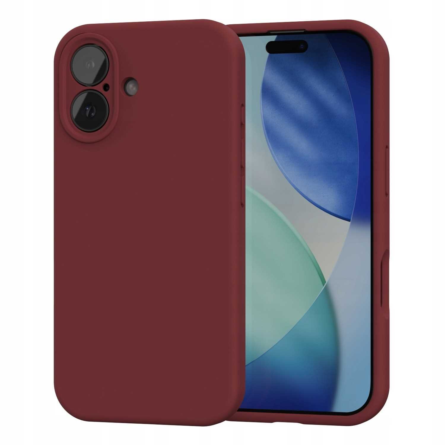 Czerwone silikonowe etui na telefon z widocznymi dwoma otworami na aparat i przyciskiem bocznym. Telefon w etui ma wyświetlacz z abstrakcyjnym wzorem w odcieniach niebieskiego i zielonego.