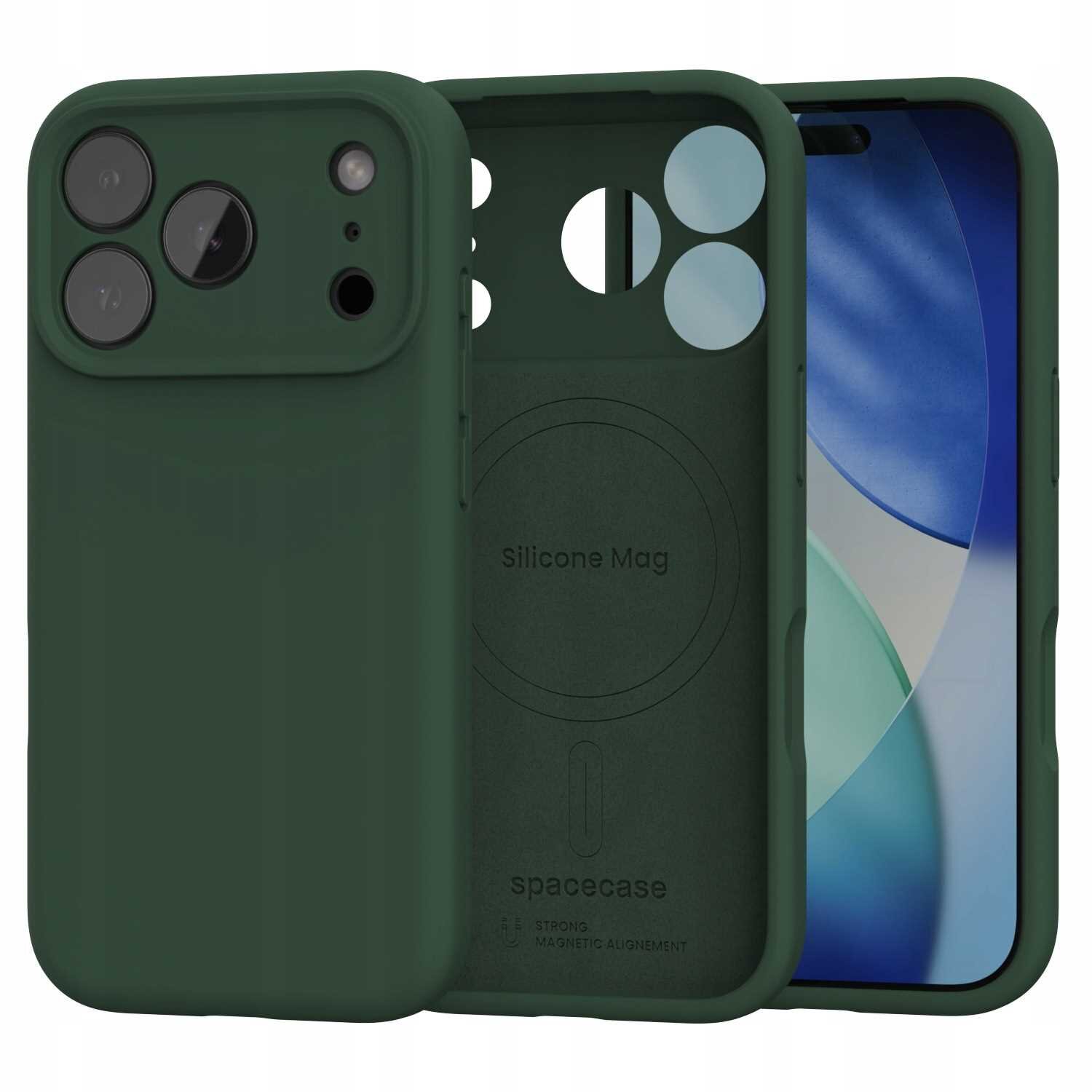 Zielone silikonowe etui z trzema otworami na aparat i napisem \'Silicone Mag\' oraz \'spacecase\' wewnątrz. Etui jest przeznaczone do telefonu iPhone 17 Pro.