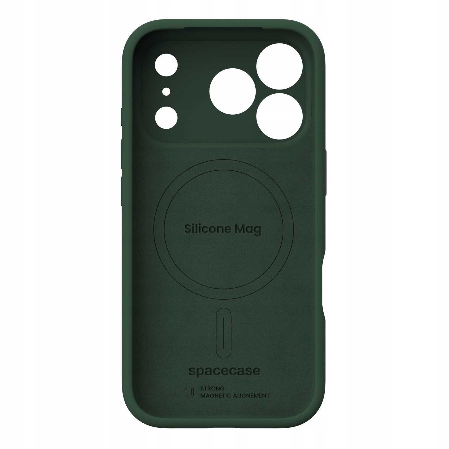 Zielone silikonowe etui z wycięciami na aparat i napisem \'Silicone Mag\' oraz \'spacecase\'.