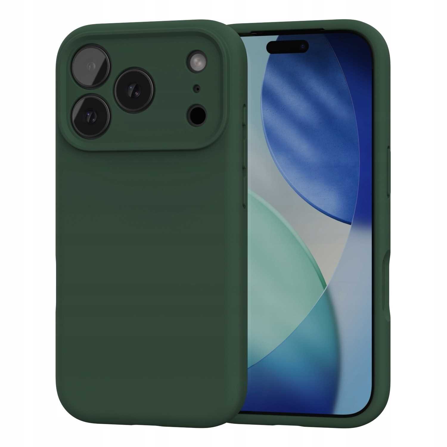 Zielone silikonowe etui na telefon z trzema widocznymi otworami na aparaty i dodatkowymi otworami na inne elementy. Telefon w etui wyświetla abstrakcyjny wzór w odcieniach niebieskiego i zielonego.