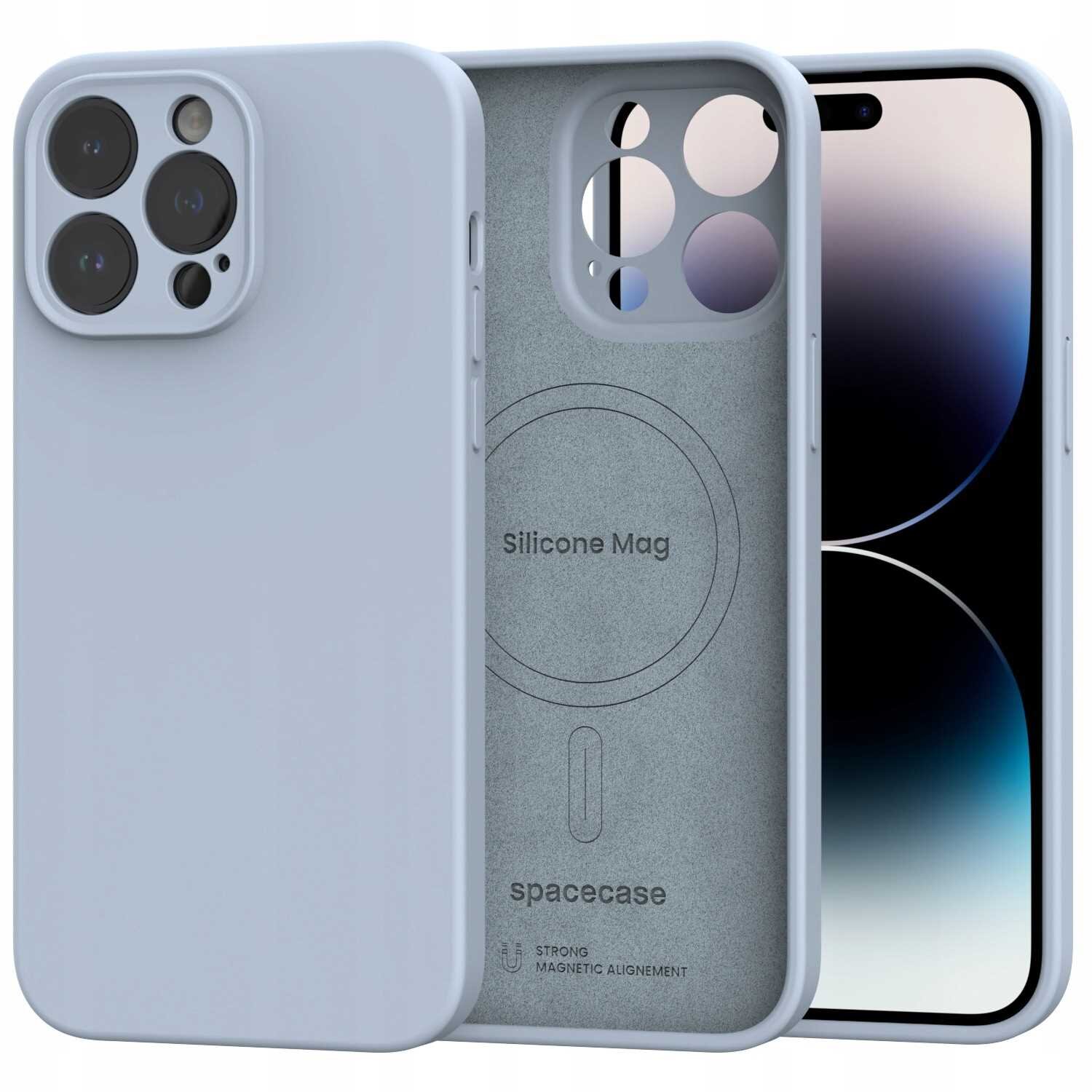 Na obrazie widoczne jest silikonowe etui magnetyczne w kolorze niebieskim, przeznaczone do iPhone 14 Pro Max. Na wewnętrznej stronie etui znajduje się napis \'Silicone Mag\' oraz \'spacecase\'.