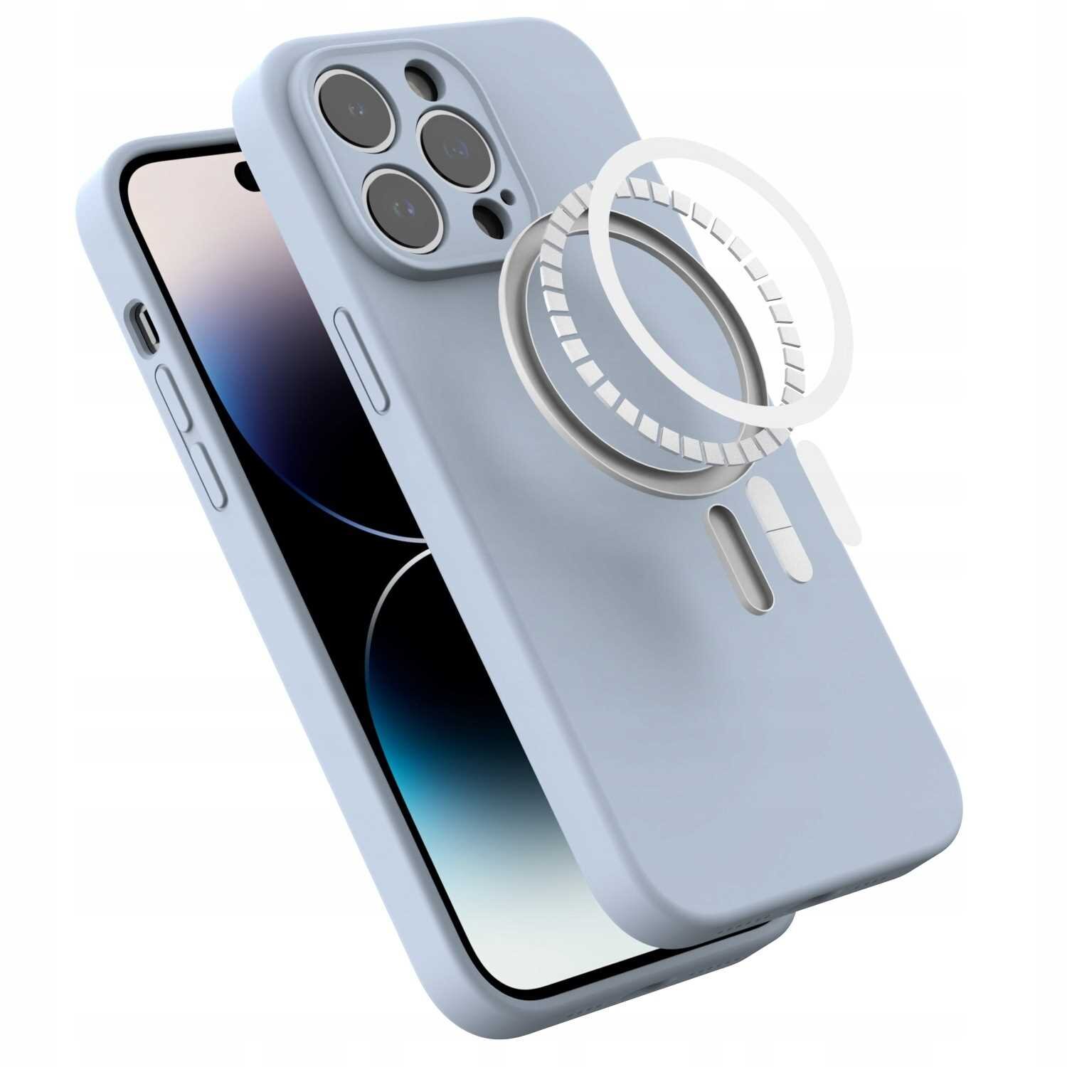 Niebieskie silikonowe etui magnetyczne z MagSafe do iPhone 14 Pro Max, z widocznymi wycięciami na aparat i przyciski. Na etui znajduje się okrągły wzór symbolizujący funkcję MagSafe.