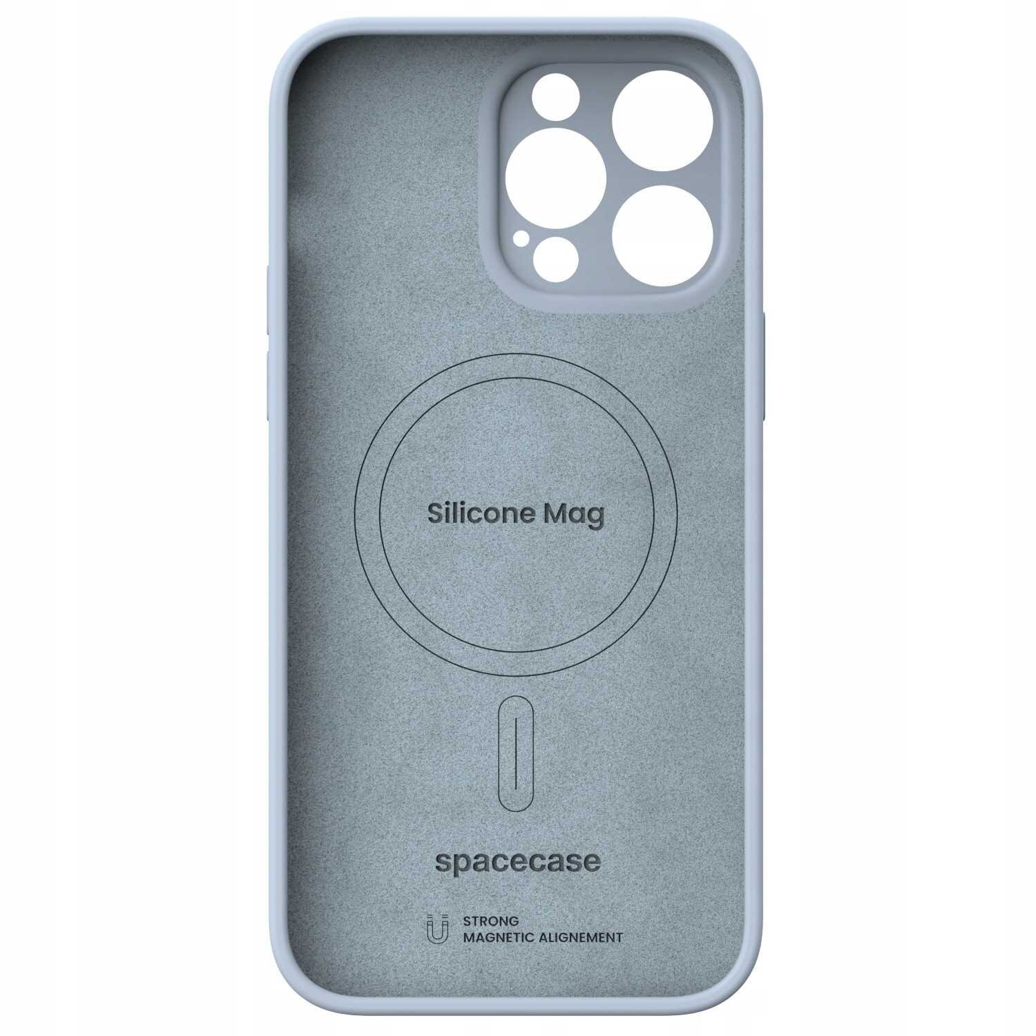 Silikonowe etui magnetyczne w kolorze niebieskim z otworami na aparat i napisem \'Silicone Mag\' oraz \'spacecase\'.