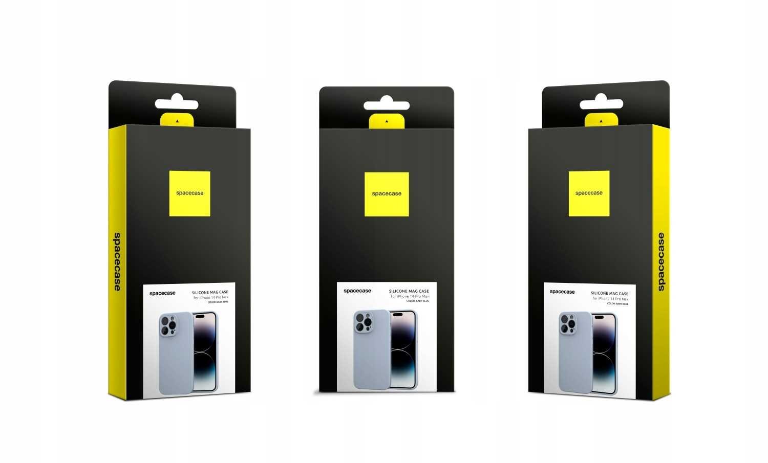 Trzy opakowania produktu z logo \'spacecase\' na czarnym tle z żółtym akcentem. Na każdym opakowaniu widoczny jest obrazek etui na telefon oraz napis \'SILICONE MAG CASE\'.